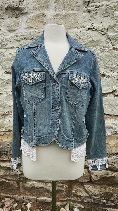 Denim and Lace Upcycled Victorian Jacket -XL