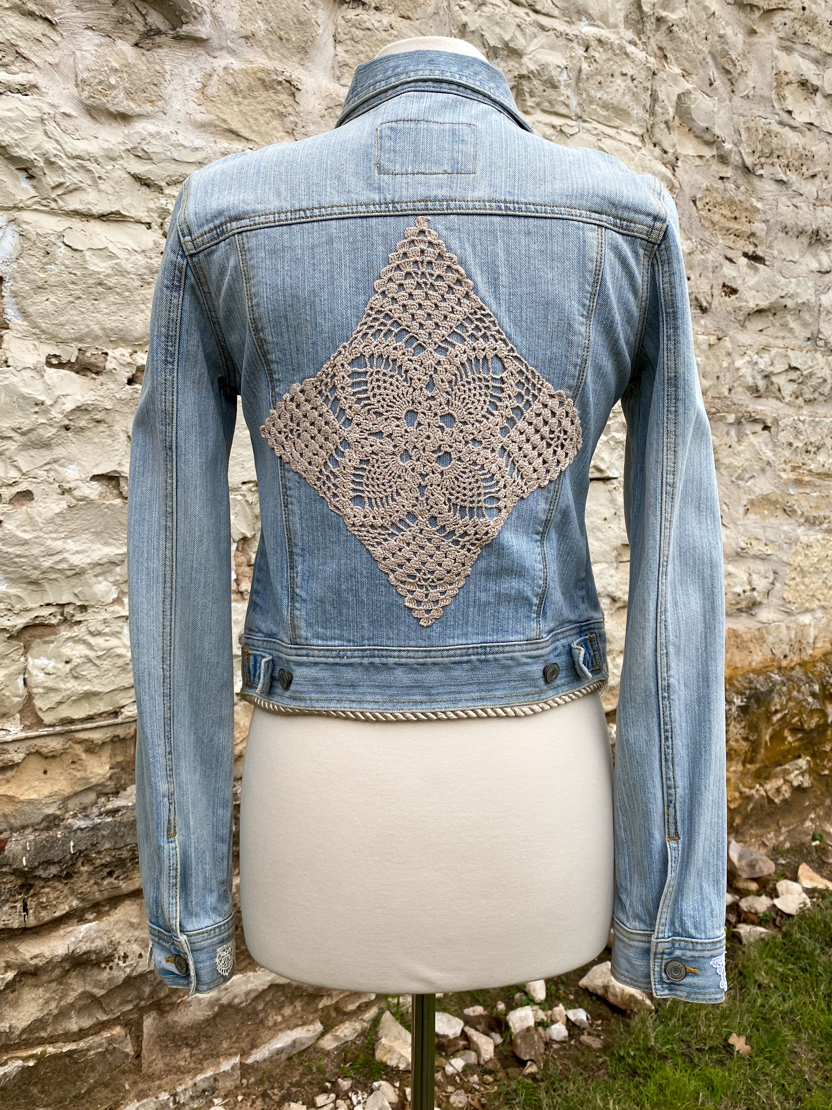 Light Blue Denim with Diamond on Back Crochet on front Lapels - Small
