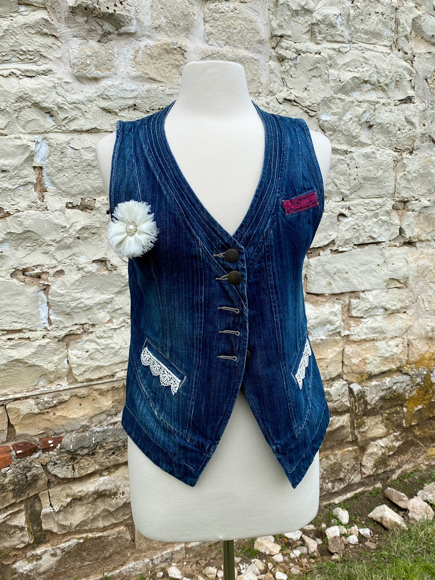 Denim Vest with White Flower - Medium