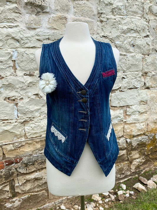 Denim Vest with White Flower - Medium