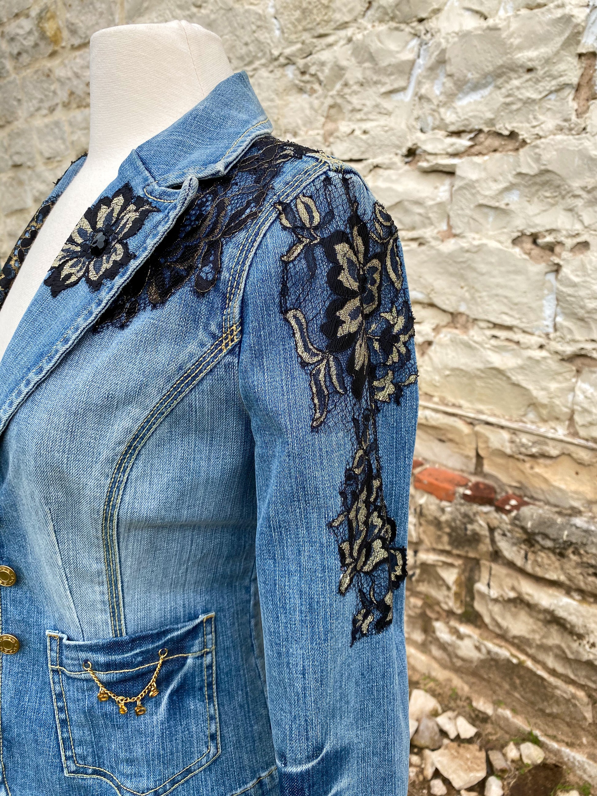 Denim Jacket with Black Lace Appliques and Long Black Lace Skirt XS A Victorian Revolution Denim Jacket with Black Lace Appliques and Long Black Lace Skirt XS A Victorian Revolution