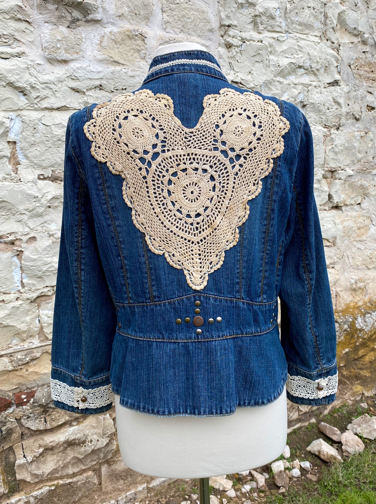 Denim Short Jacket w Studs and Heart on Back - Large