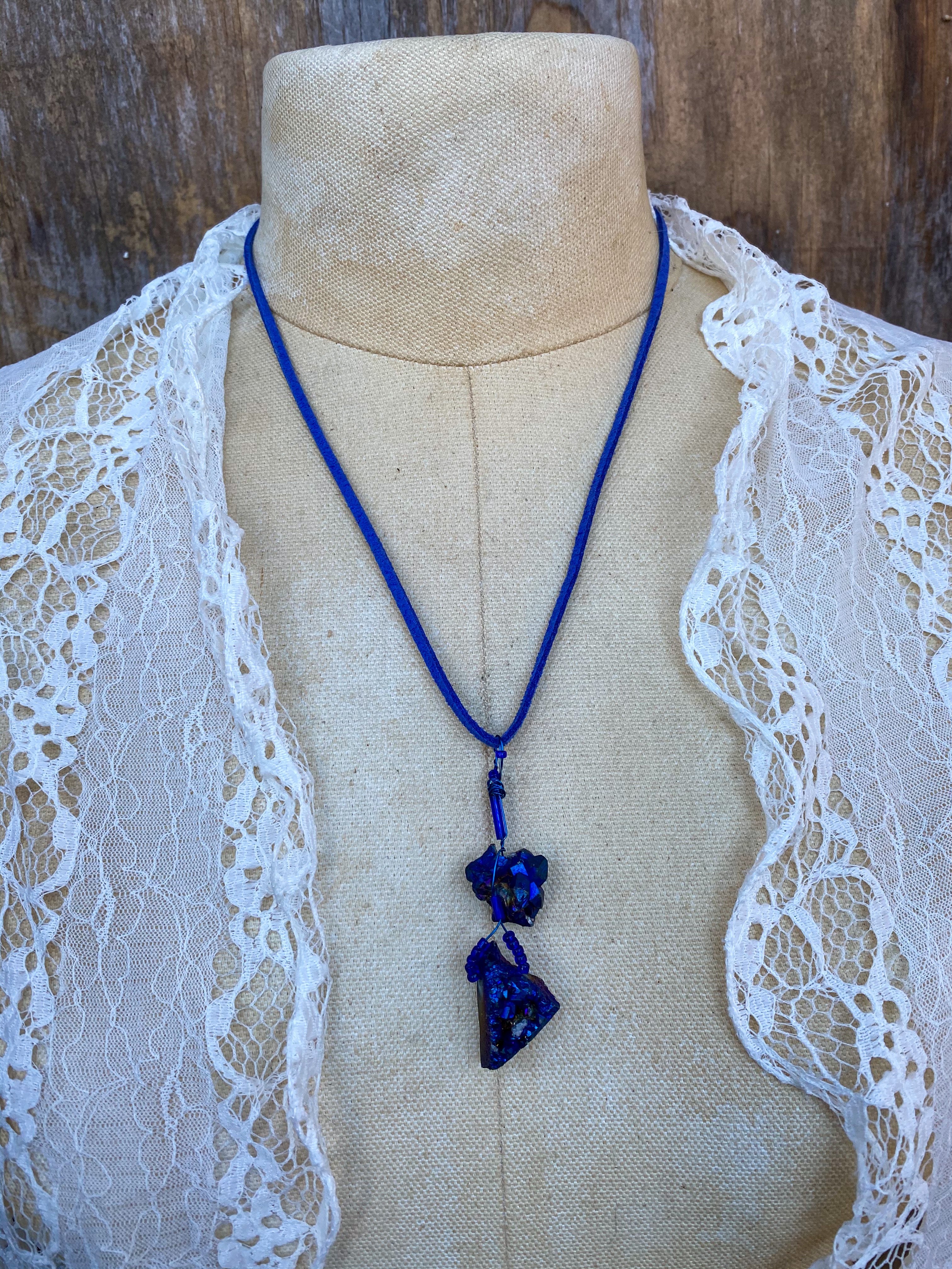 Hand Beaded Gemstone Necklace on a Vegan Suede Cord