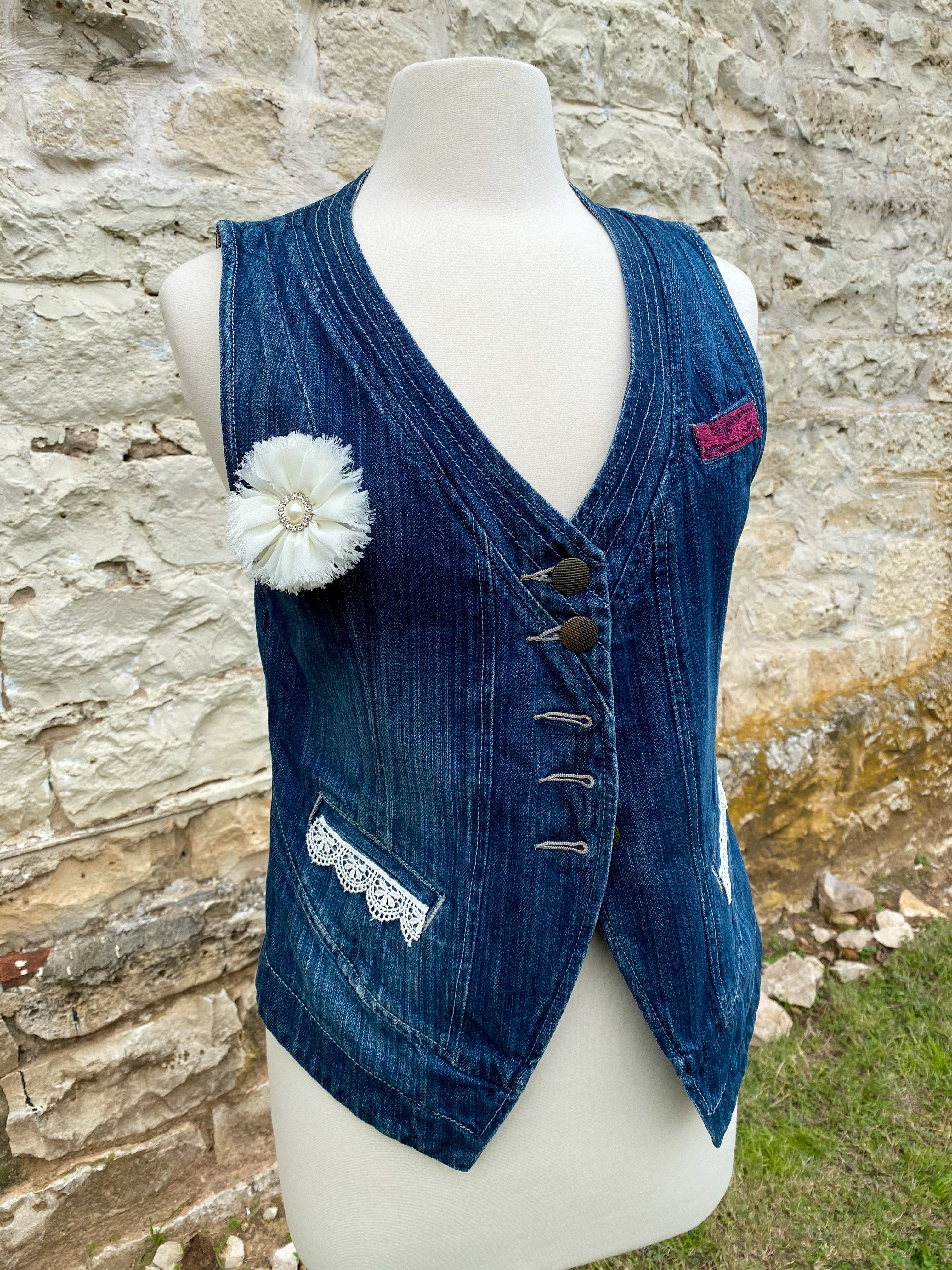 Denim Vest with White Flower - Medium