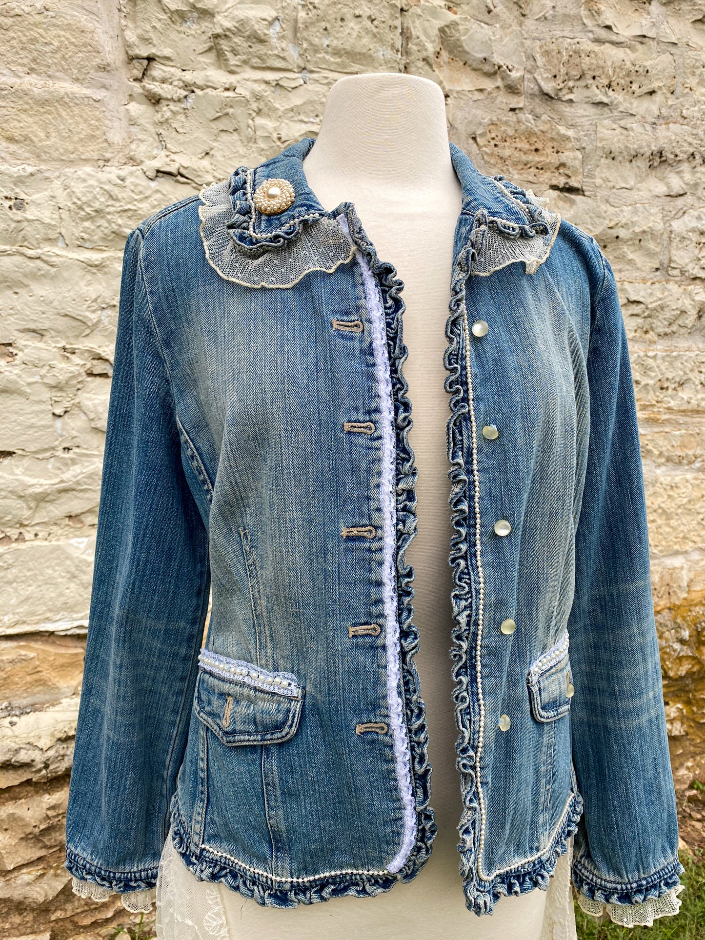 Denim and Lace Upcycled Victorian Jacket -MEDIUM