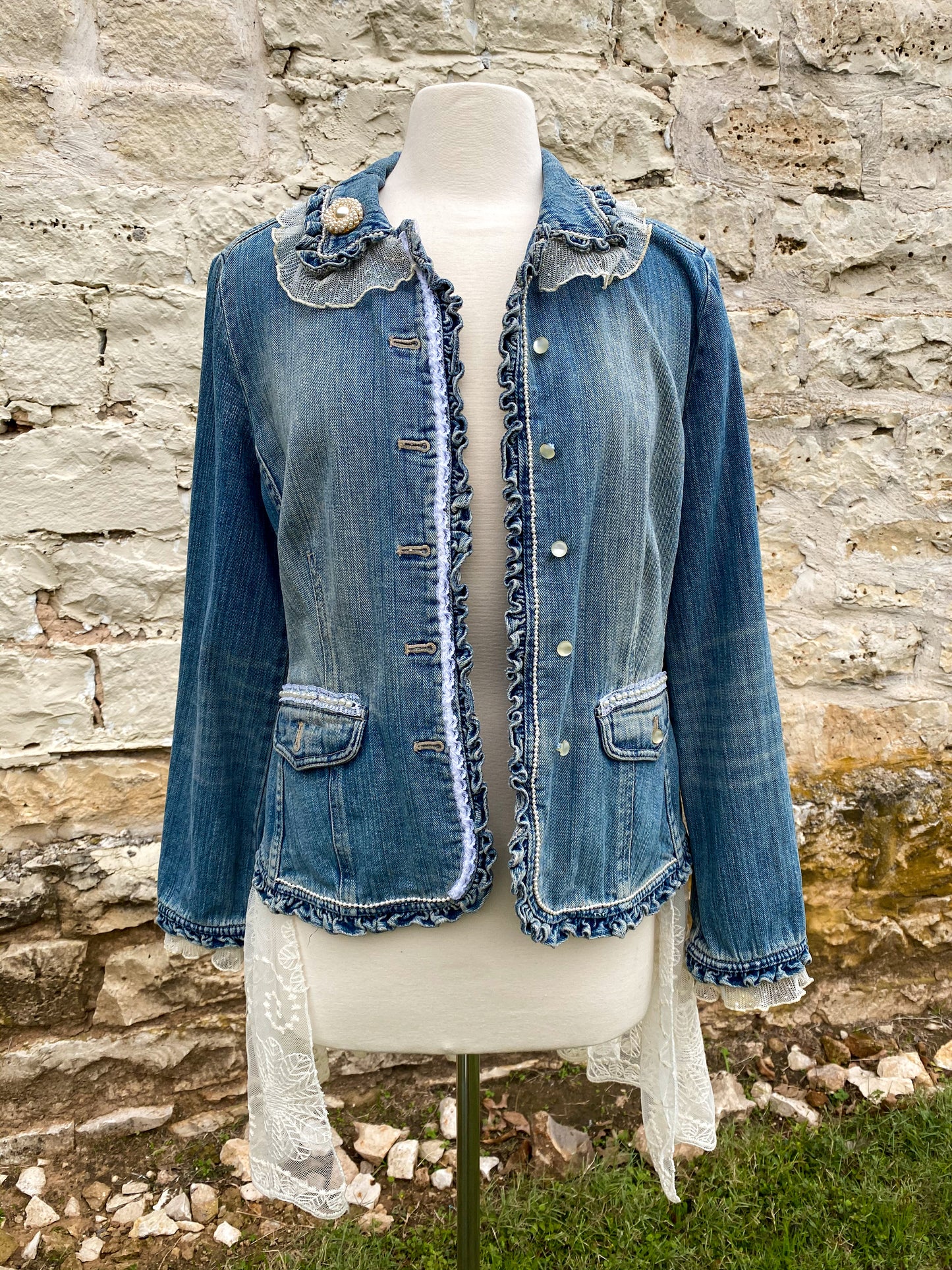 Denim and Lace Upcycled Victorian Jacket -MEDIUM