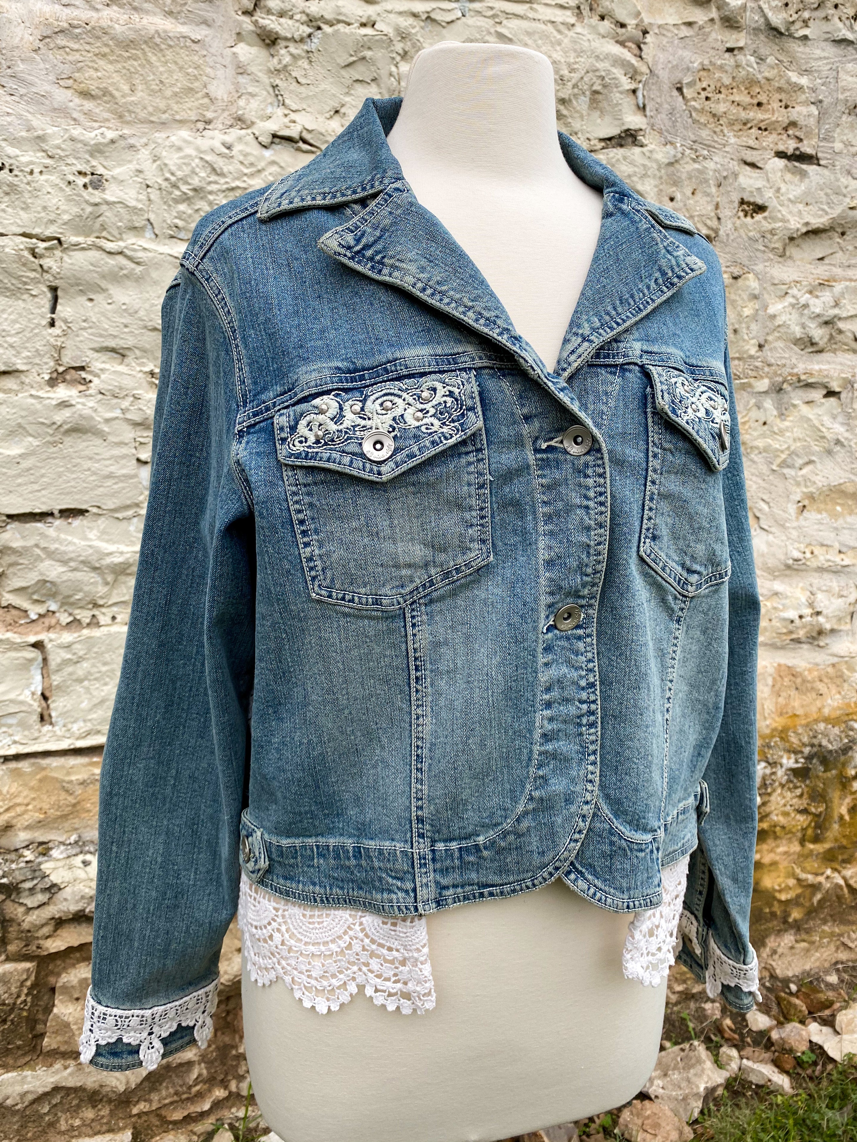Women Floral Lace Denim Jacket Coat Embroidery Loose Ripped Tops Outerwear  | eBay
