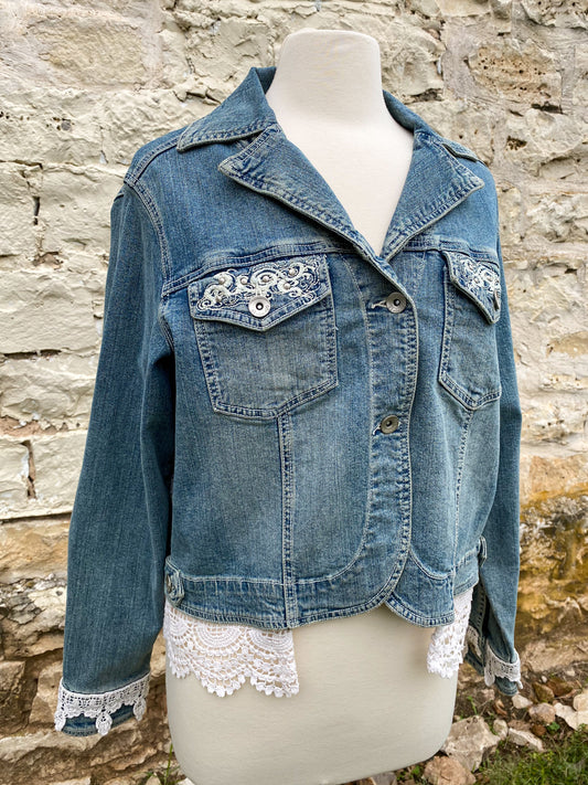 Denim and Lace Upcycled Victorian Jacket -XL