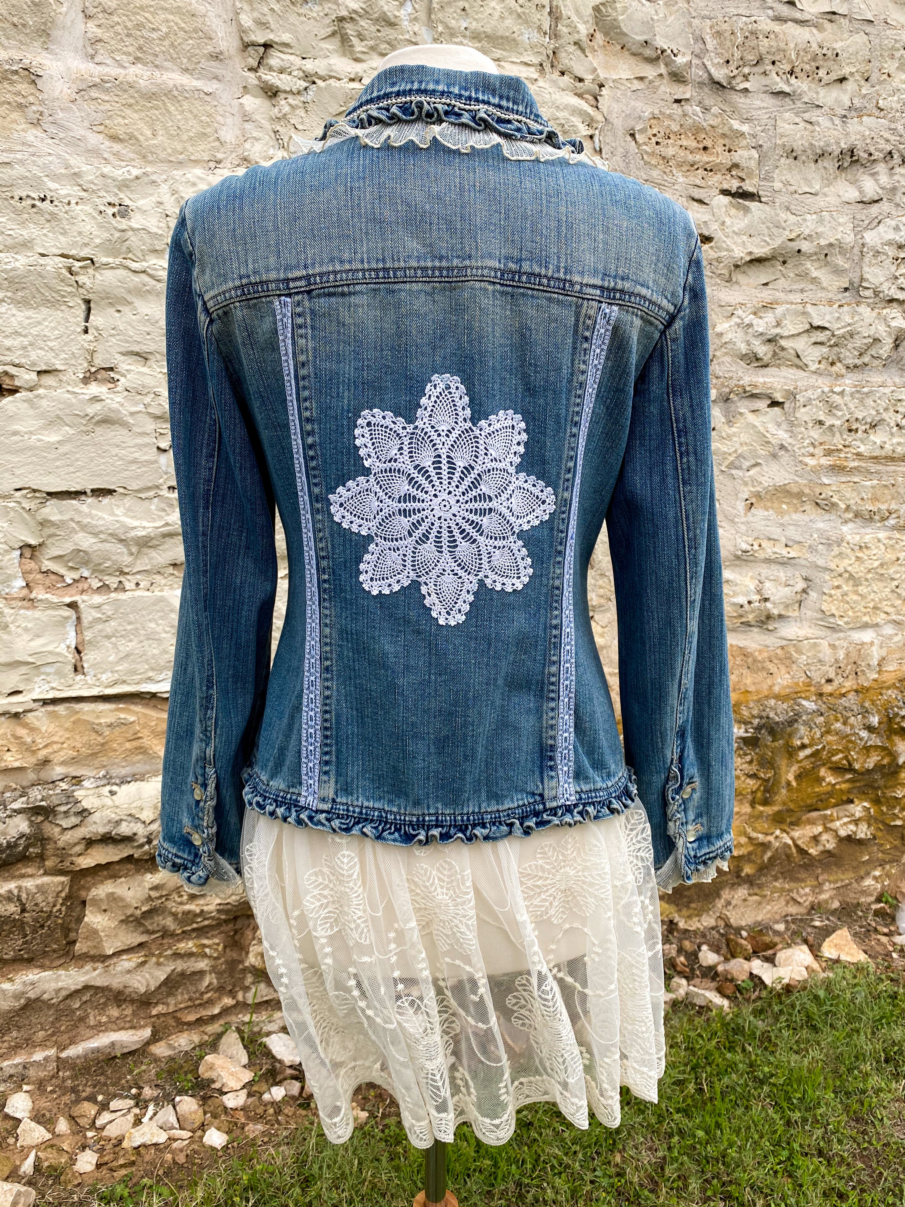 Denim and Lace Upcycled Victorian Jacket -MEDIUM