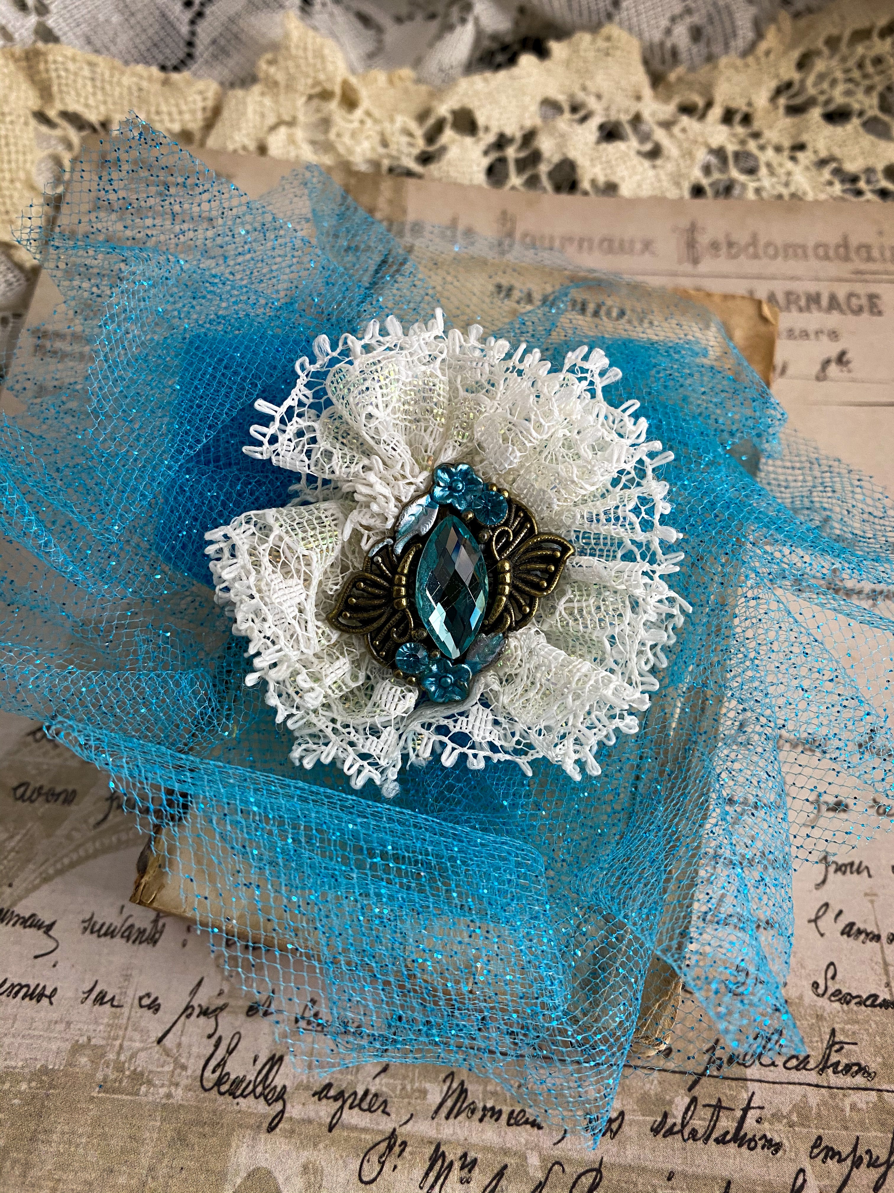 Turquoise and Lace Upcycled Wrist Cuff