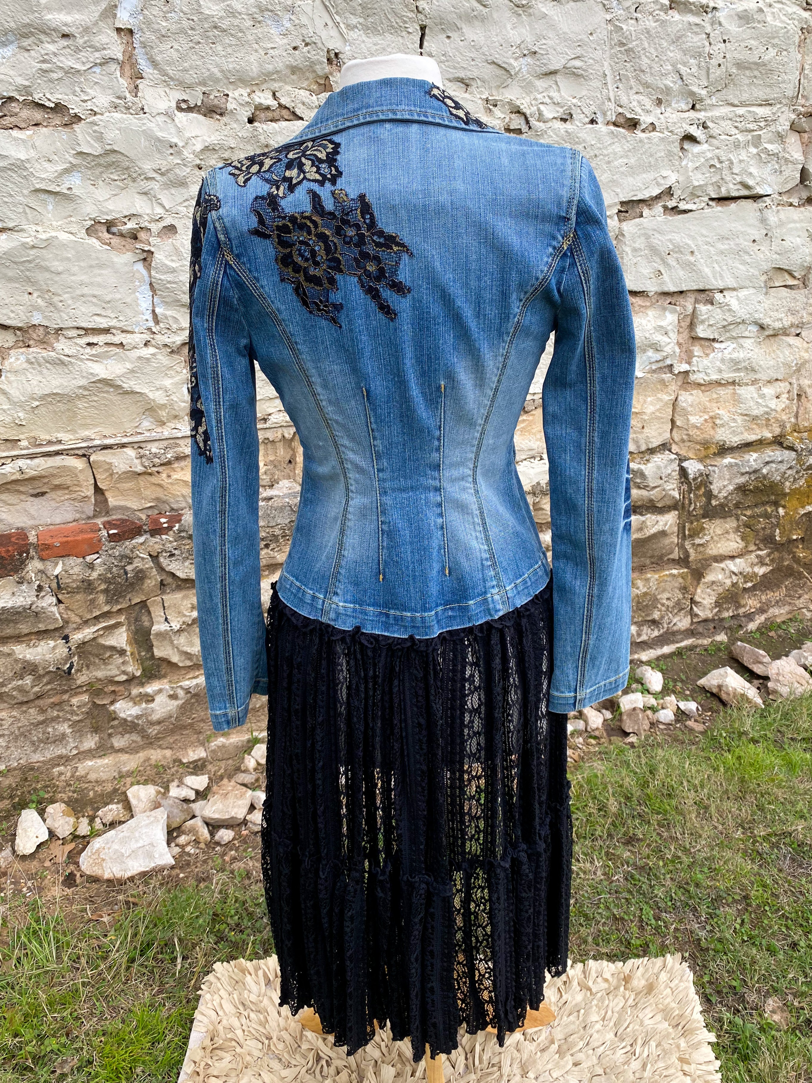 Denim Jacket with Black Lace Appliques and Long Black Lace Skirt XS