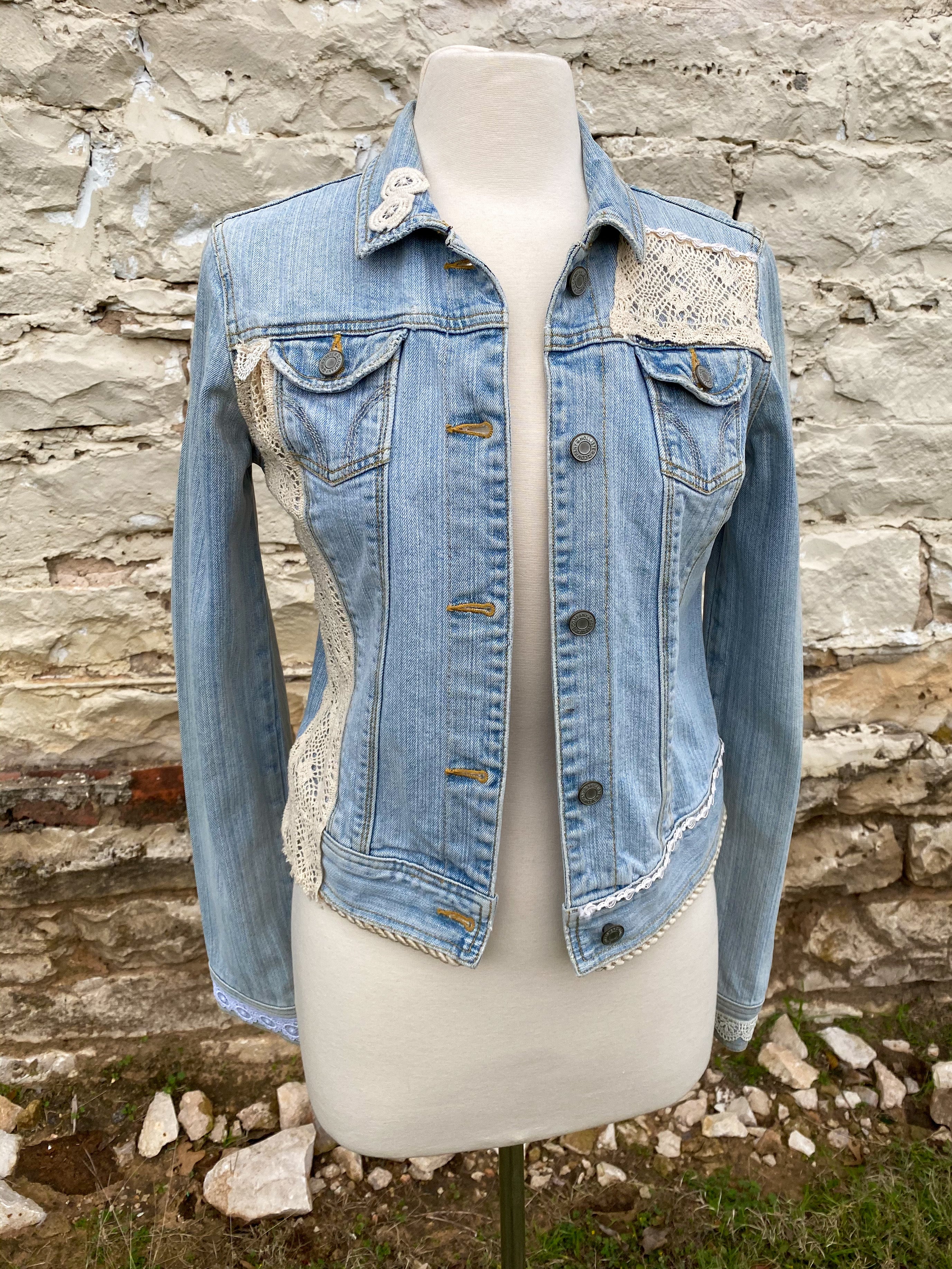 Light Blue Denim with Diamond on Back Crochet on front Lapels - Small