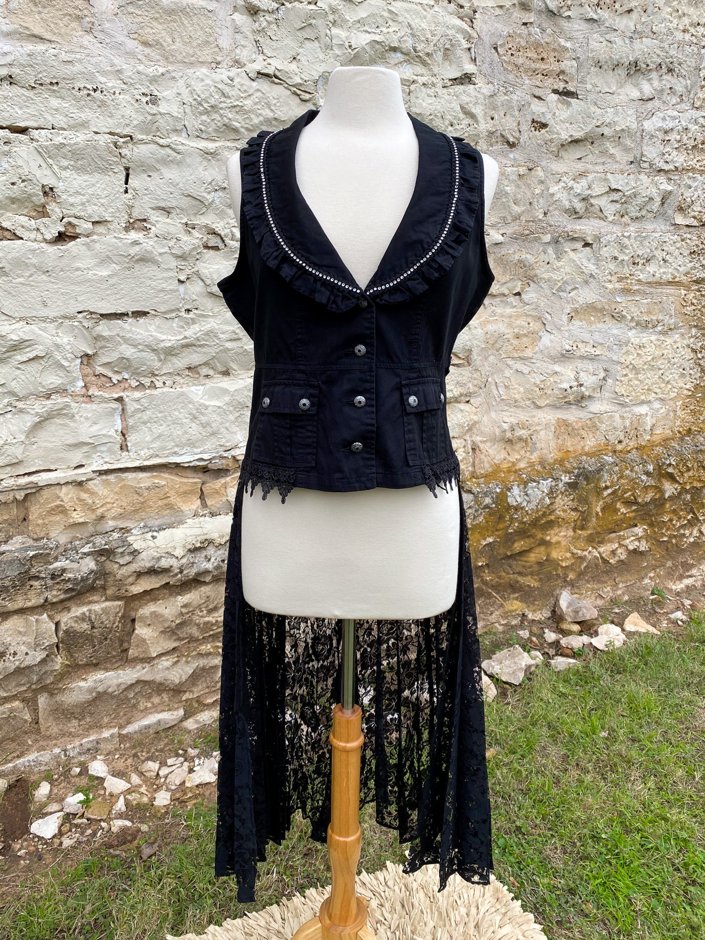 Black Vest with Crystal Collar and Long Black Lace Skirt - Medium