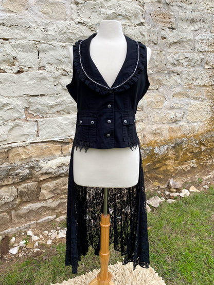 Black Vest with Crystal Collar and Long Black Lace Skirt - Medium