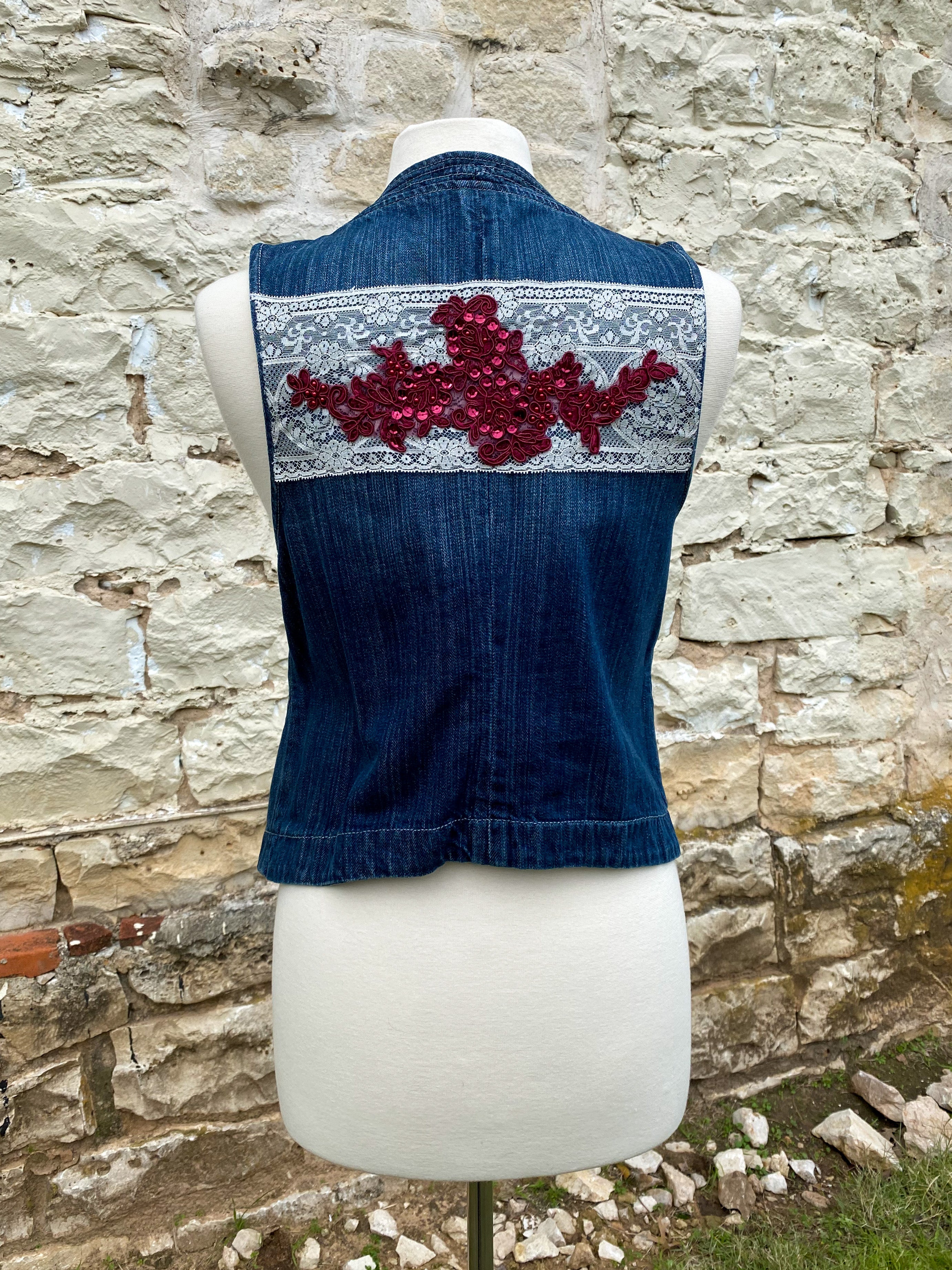 Denim Vest with White Flower - Medium