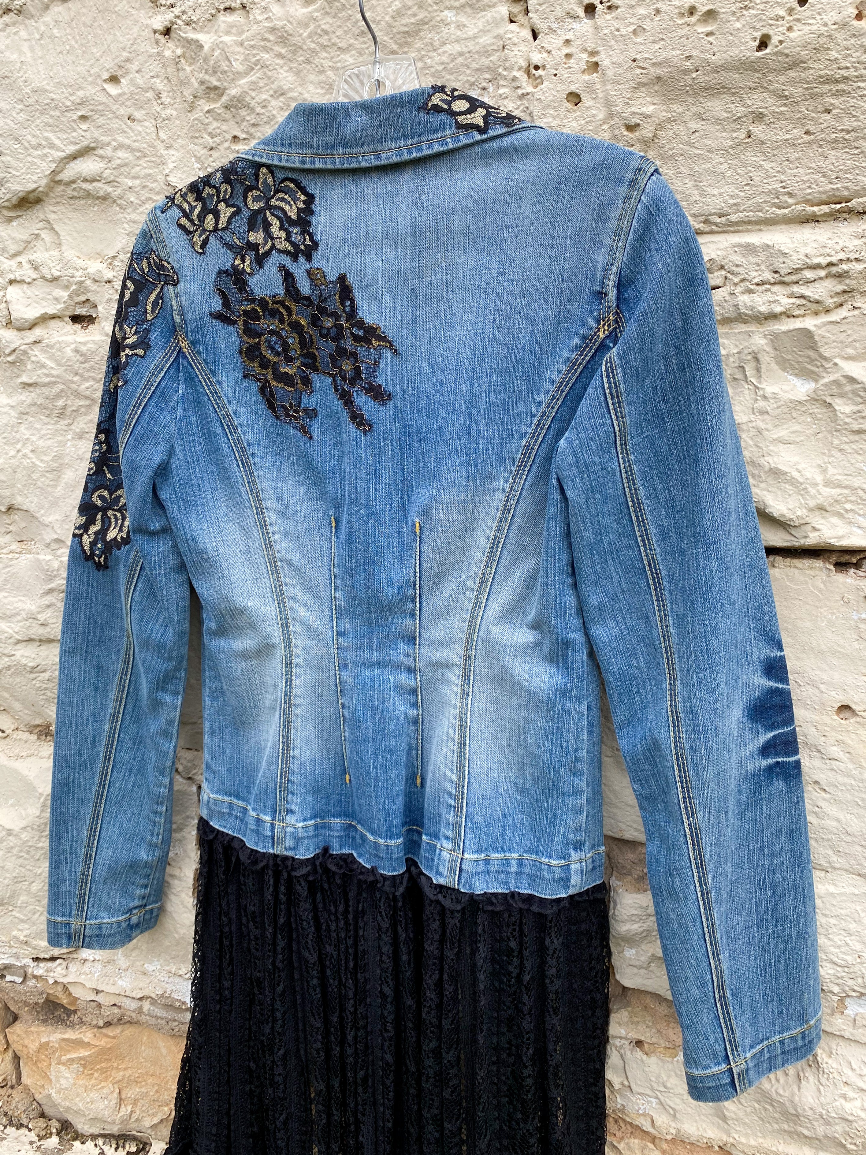 Denim Jacket with Black Lace Appliques and Long Black Lace Skirt XS