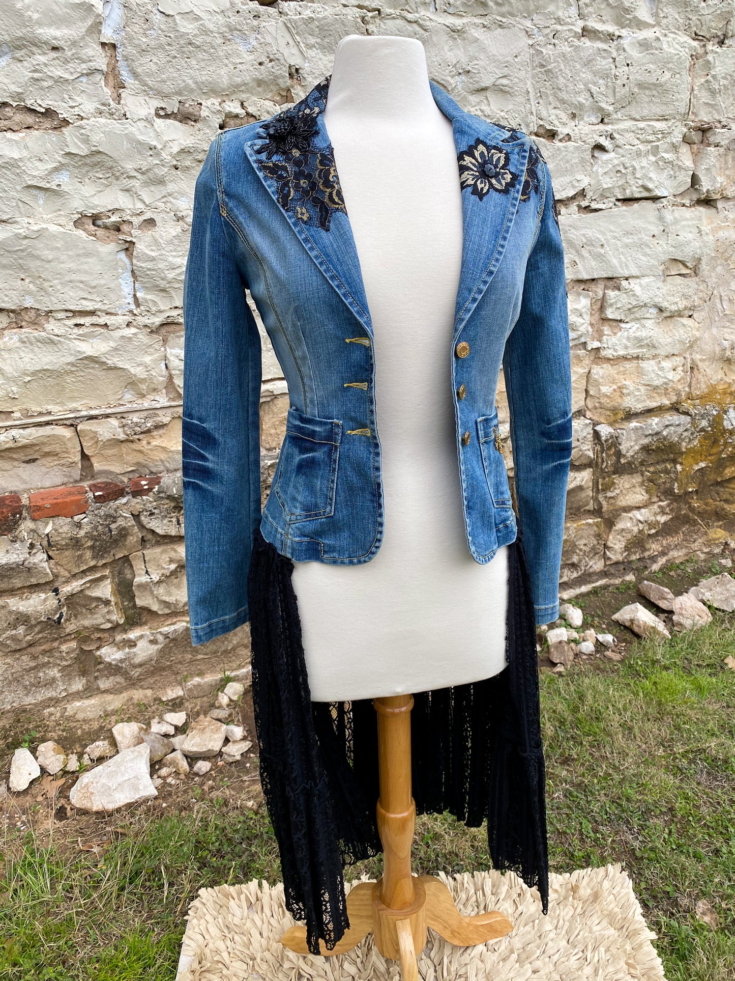 Denim Jacket with Black Lace Appliques and Long Black Lace Skirt XS