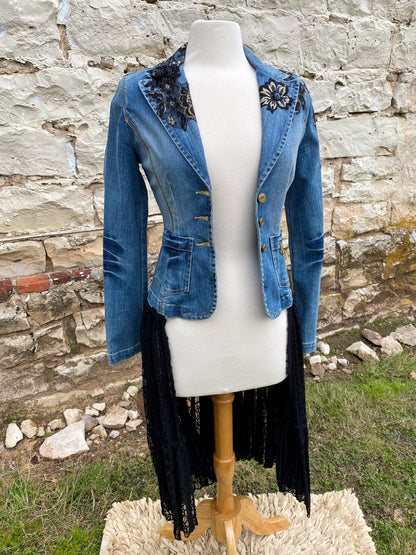 Denim Jacket with Black Lace Appliques and Long Black Lace Skirt XS