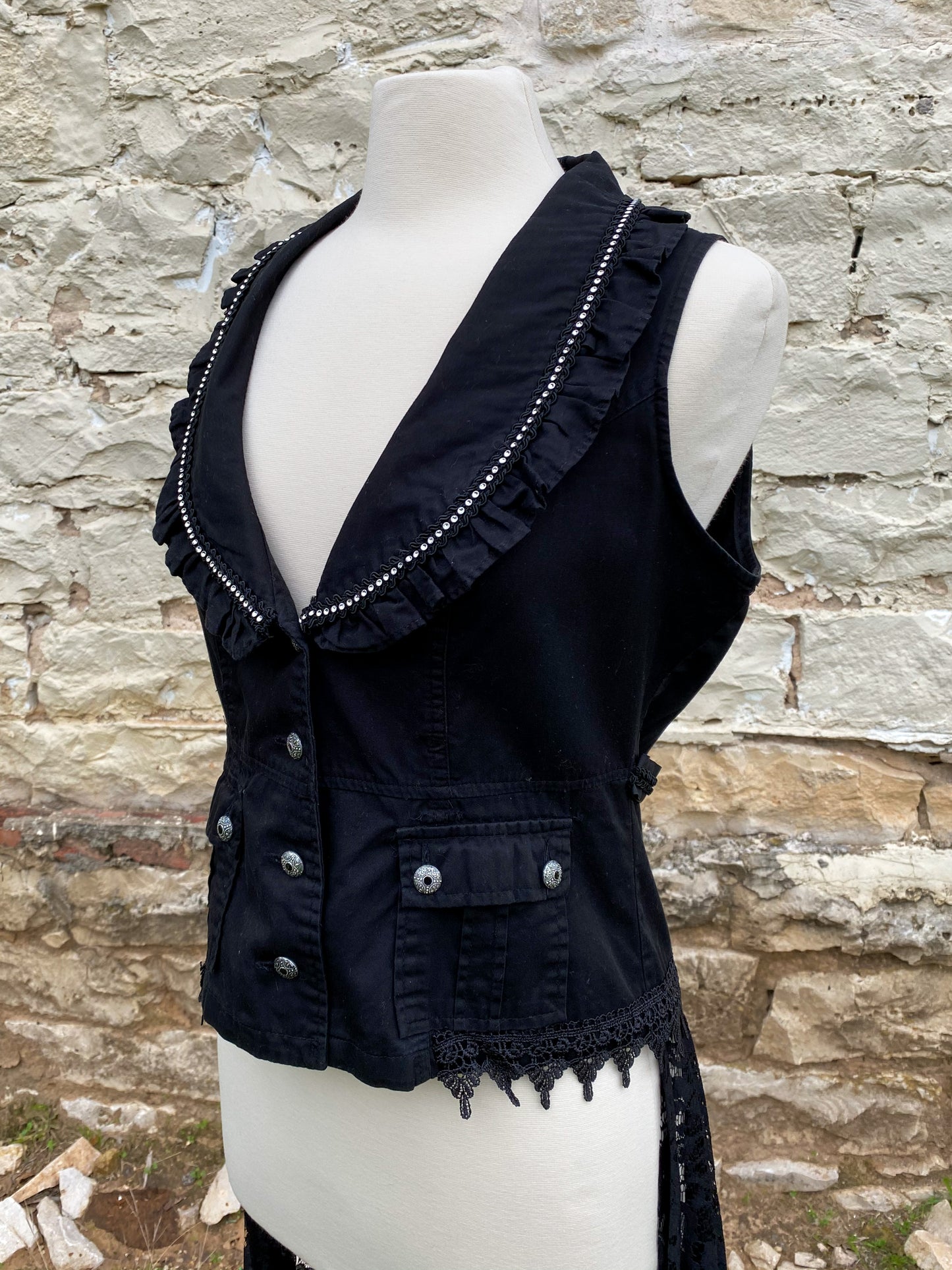 Black Vest with Crystal Collar and Long Black Lace Skirt - Medium