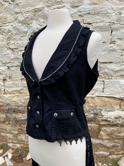 Black Vest with Crystal Collar and Long Black Lace Skirt - Medium