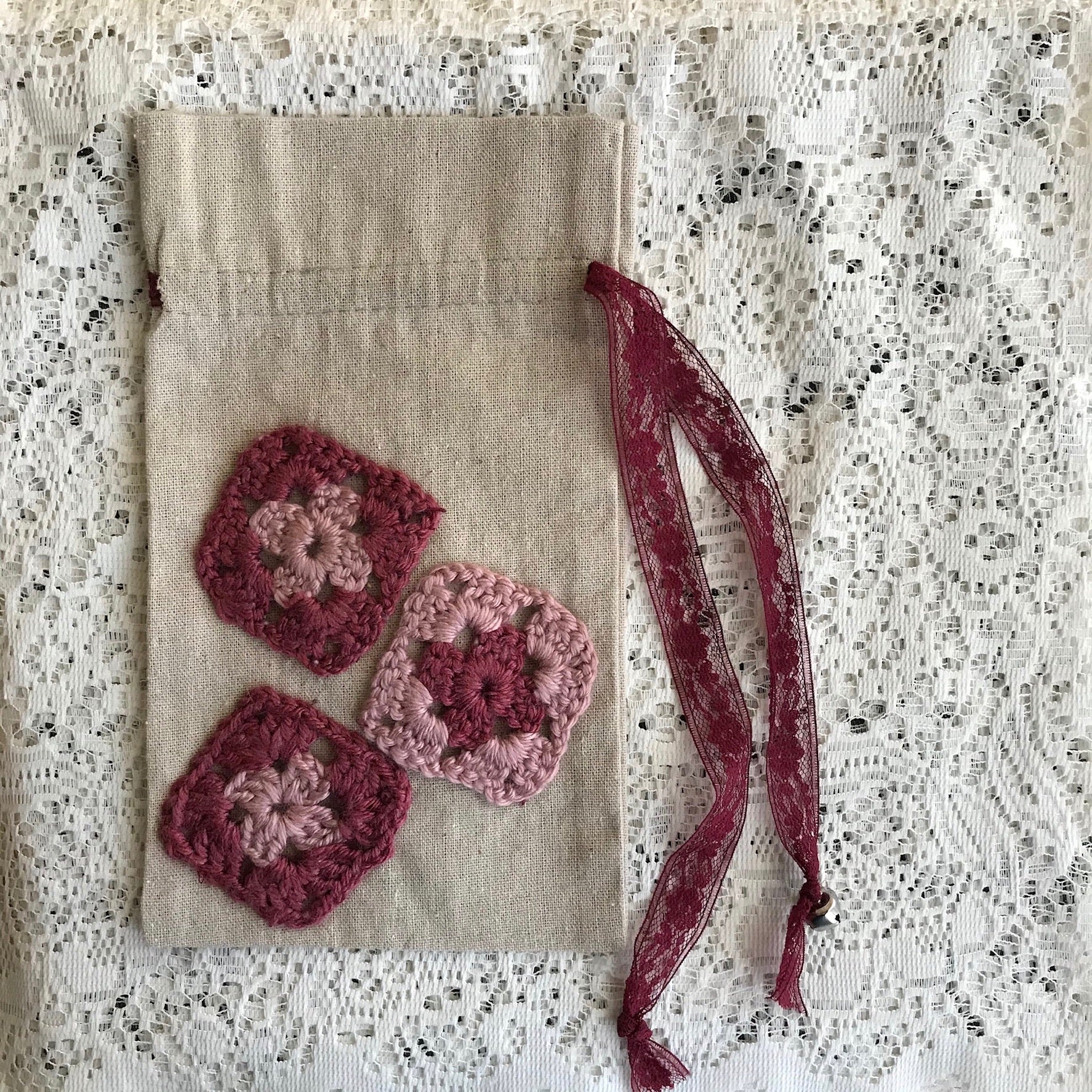 Drawstring Bag with Crochet