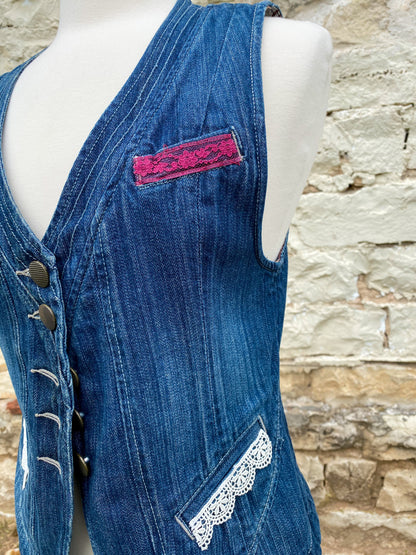 Denim Vest with White Flower - Medium