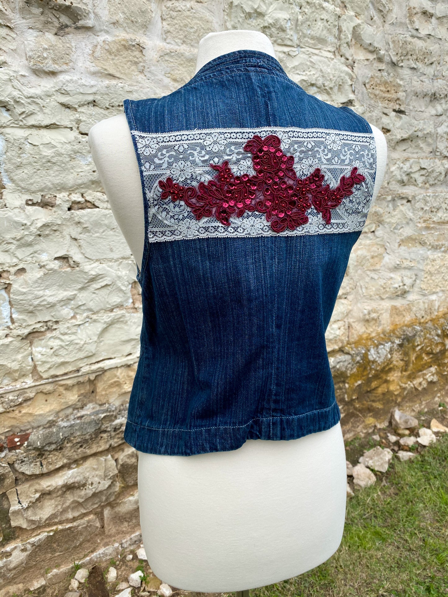Denim Vest with White Flower - Medium