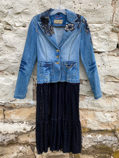Denim Jacket with Black Lace Appliques and Long Black Lace Skirt XS