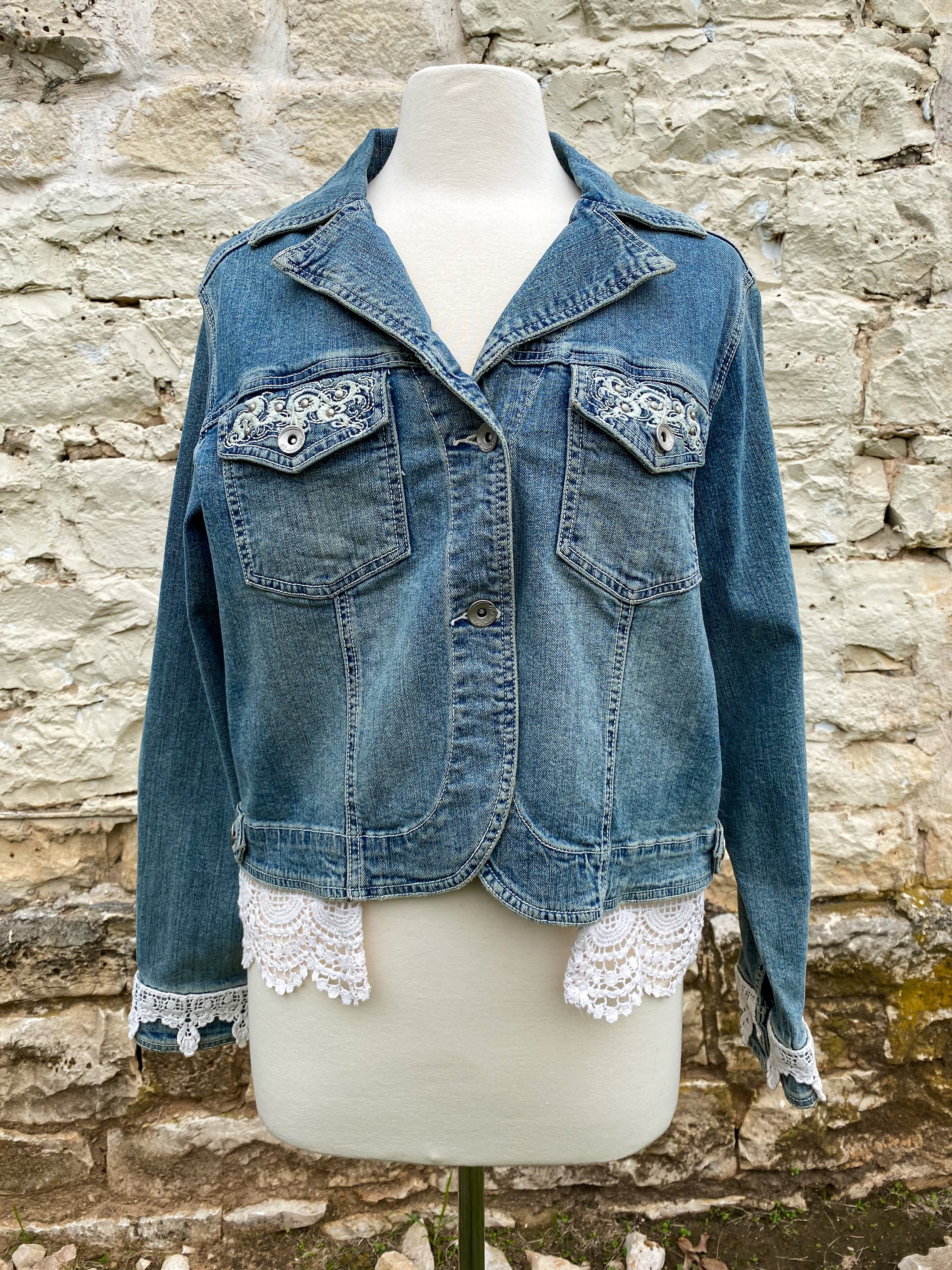 Denim and Lace Upcycled Victorian Jacket -XL