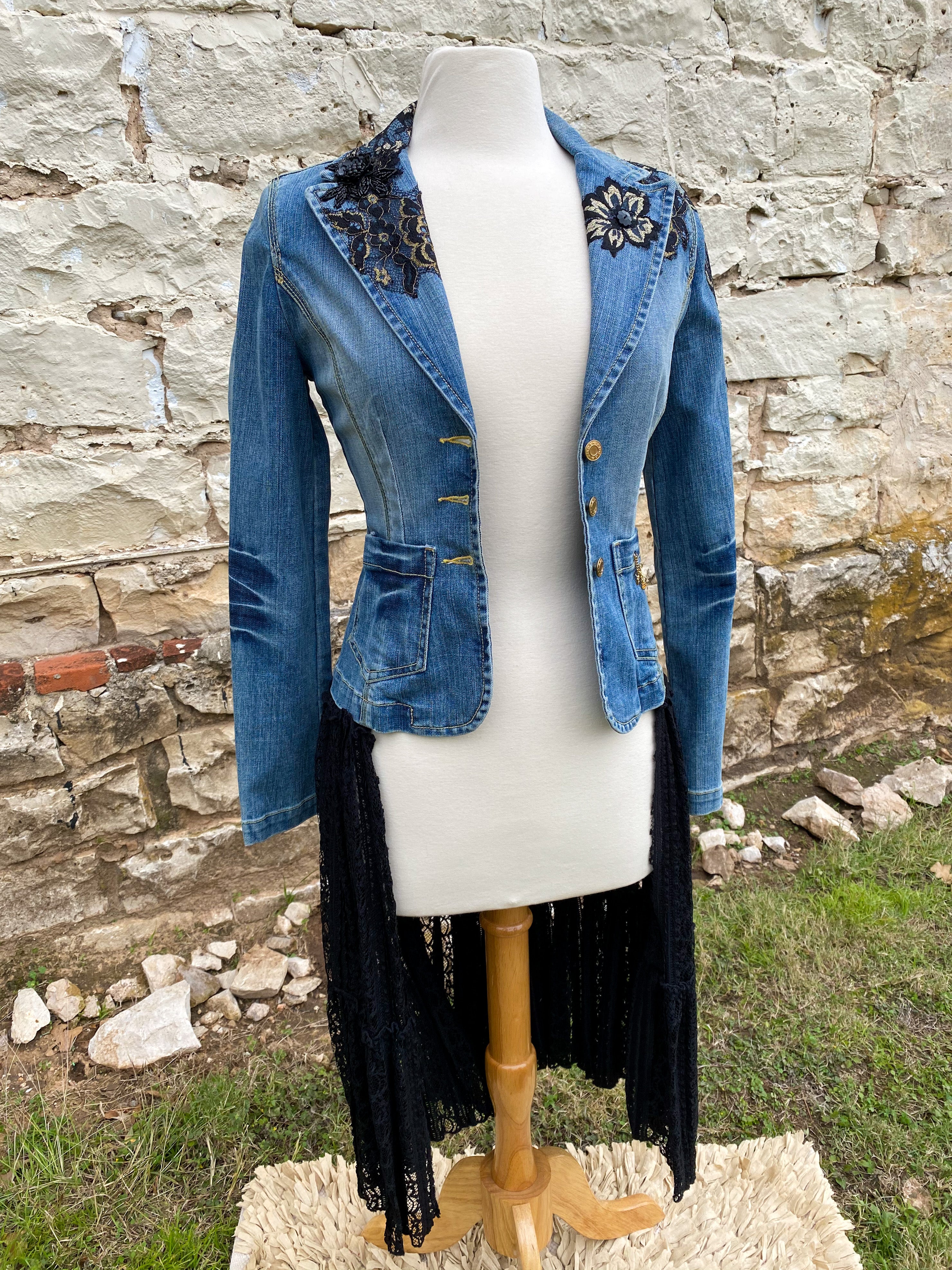 Denim Jacket with Black Lace Appliques and Long Black Lace Skirt XS