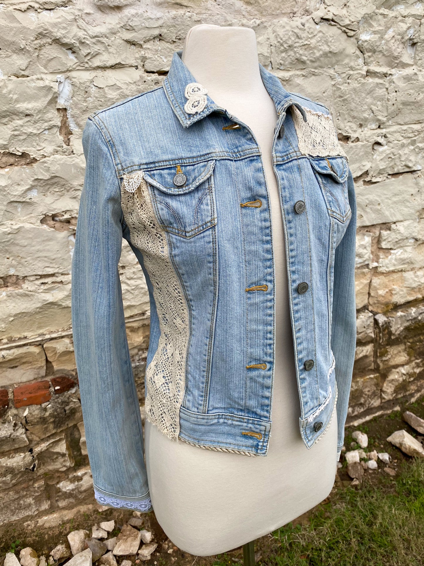Light Blue Denim with Diamond on Back Crochet on front Lapels - Small