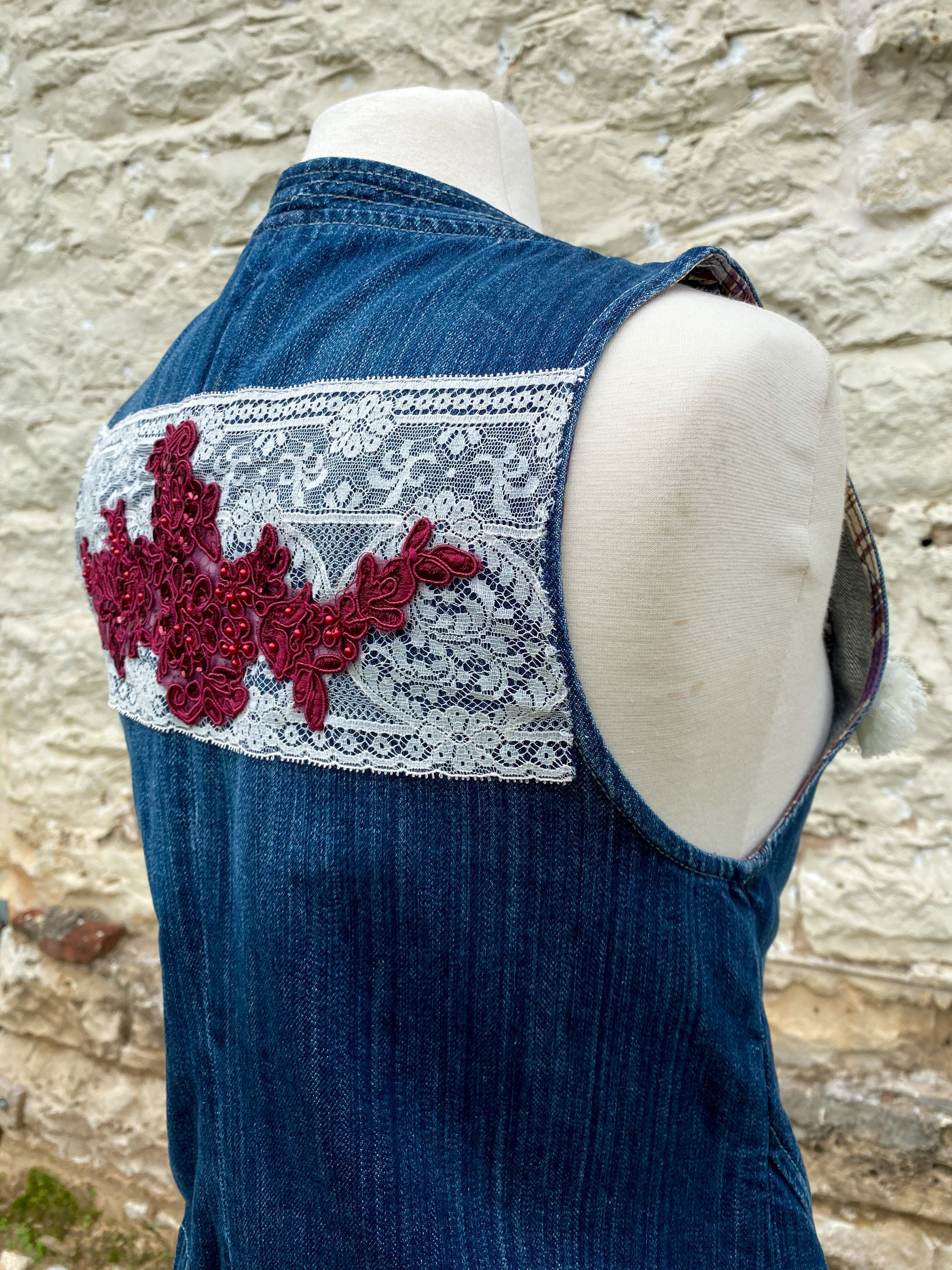 Denim Vest with White Flower - Medium