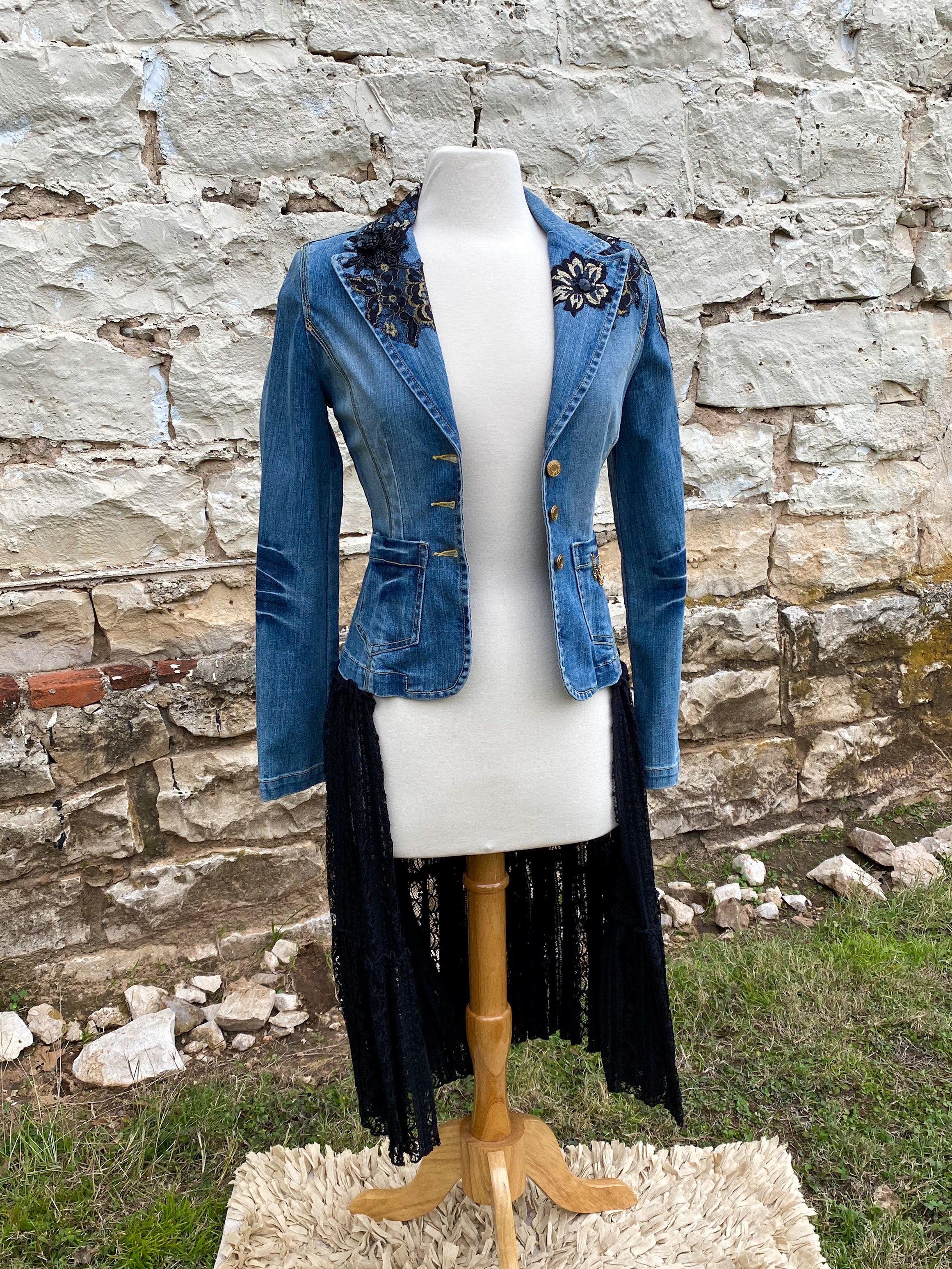 Denim Jacket with Black Lace Appliques and Long Black Lace Skirt XS