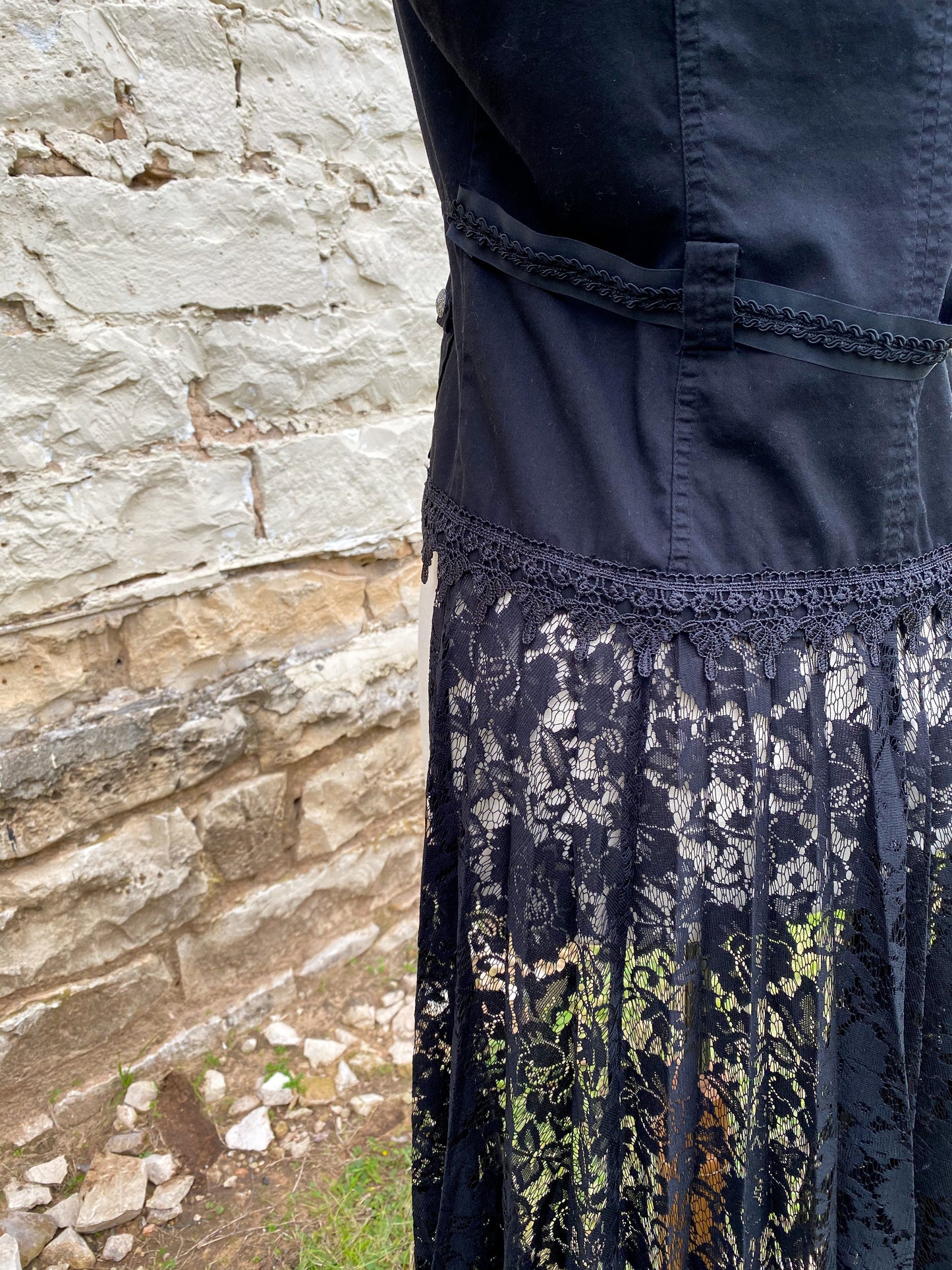 Black Vest with Crystal Collar and Long Black Lace Skirt - Medium