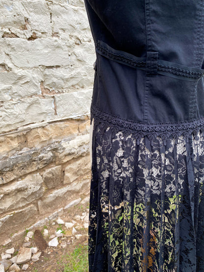 Black Vest with Crystal Collar and Long Black Lace Skirt - Medium
