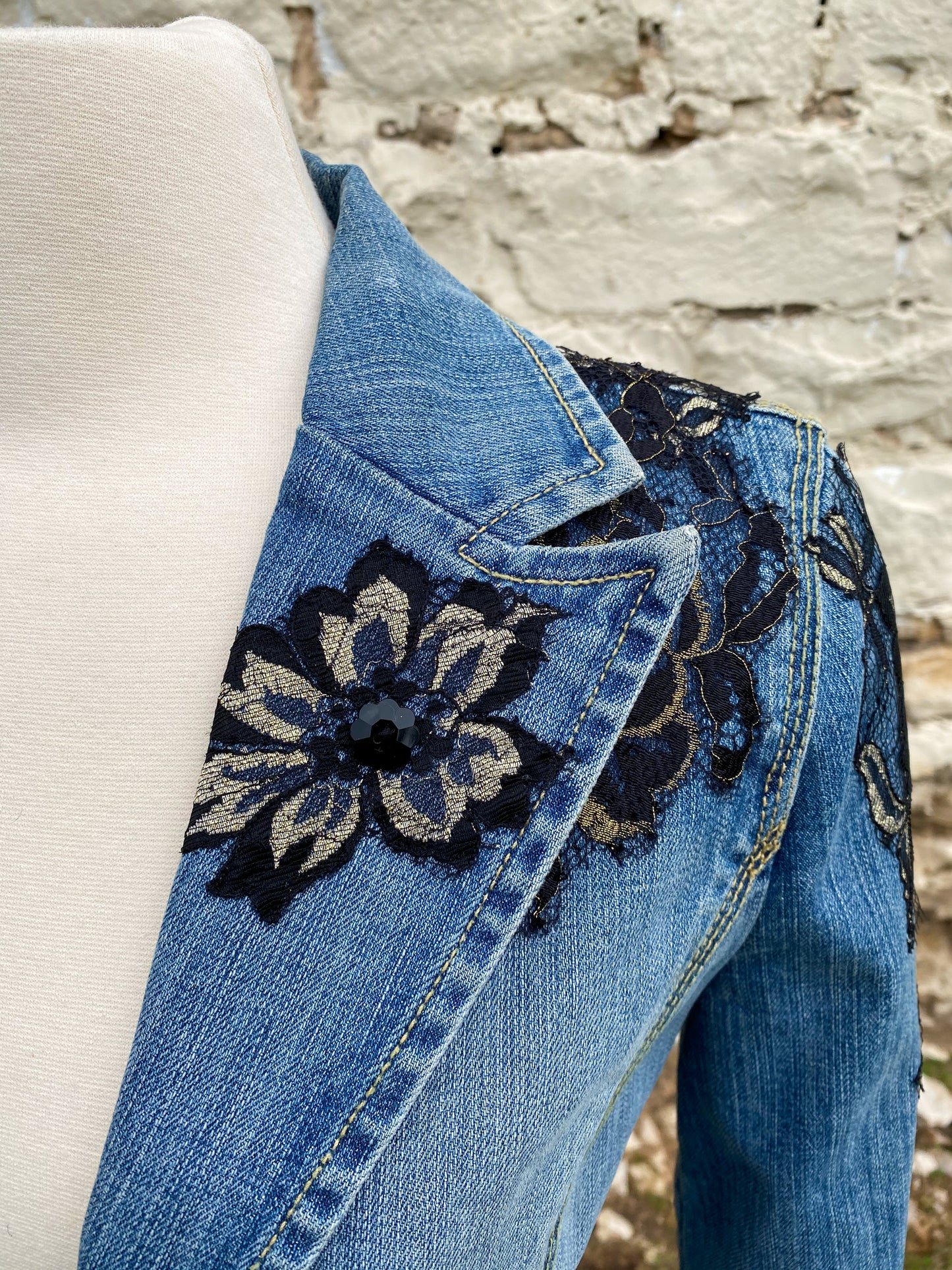 Denim Jacket with Black Lace Appliques and Long Black Lace Skirt XS