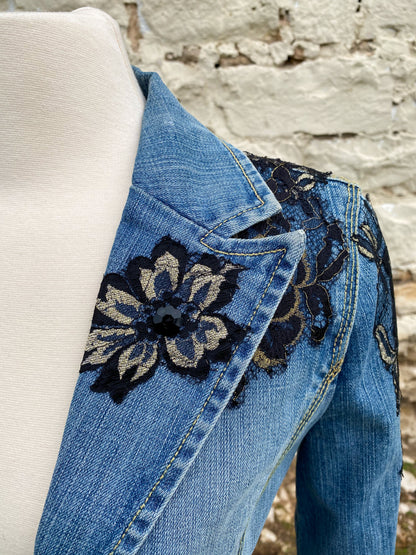 Denim Jacket with Black Lace Appliques and Long Black Lace Skirt XS