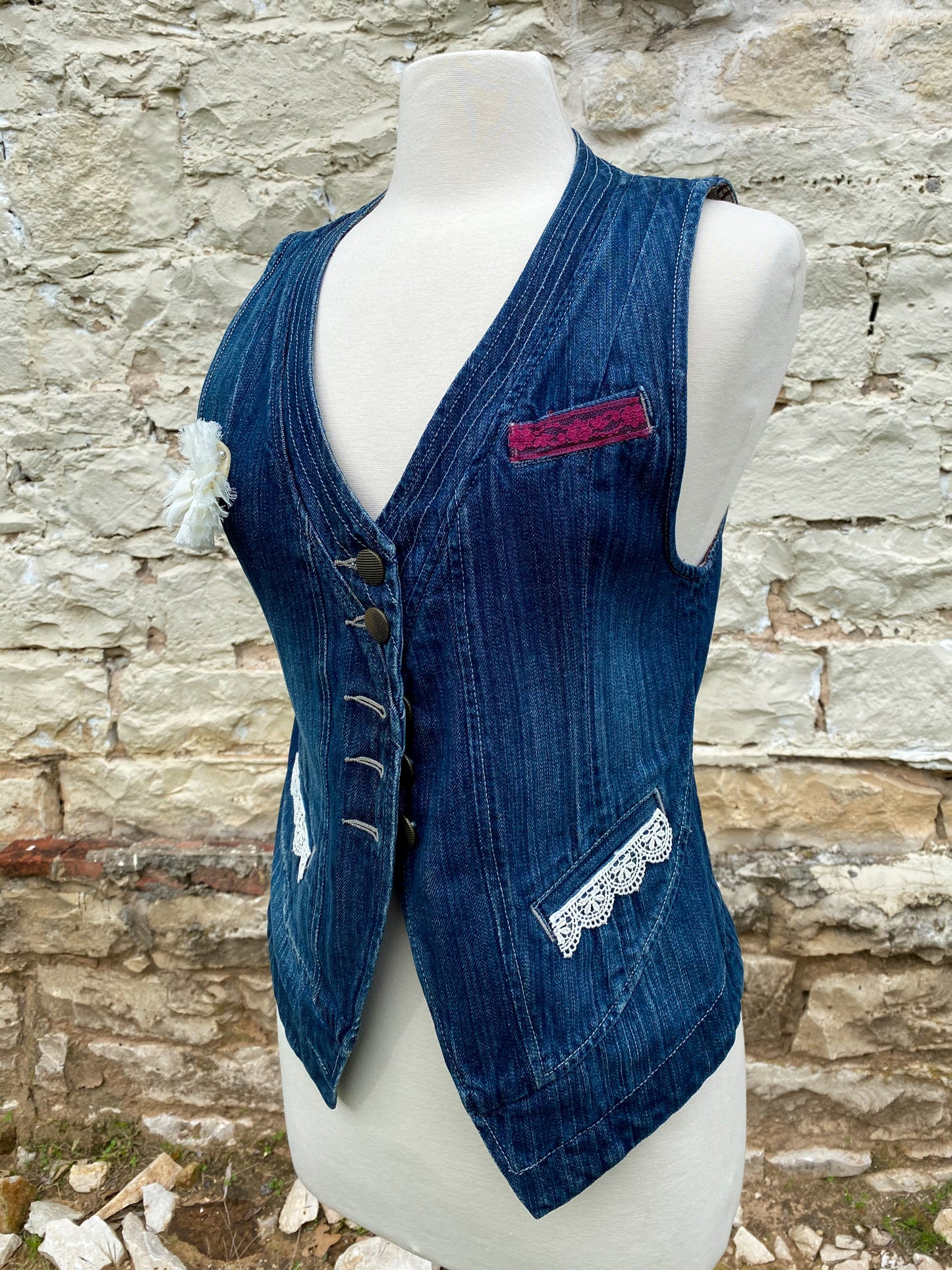 Denim Vest with White Flower - Medium