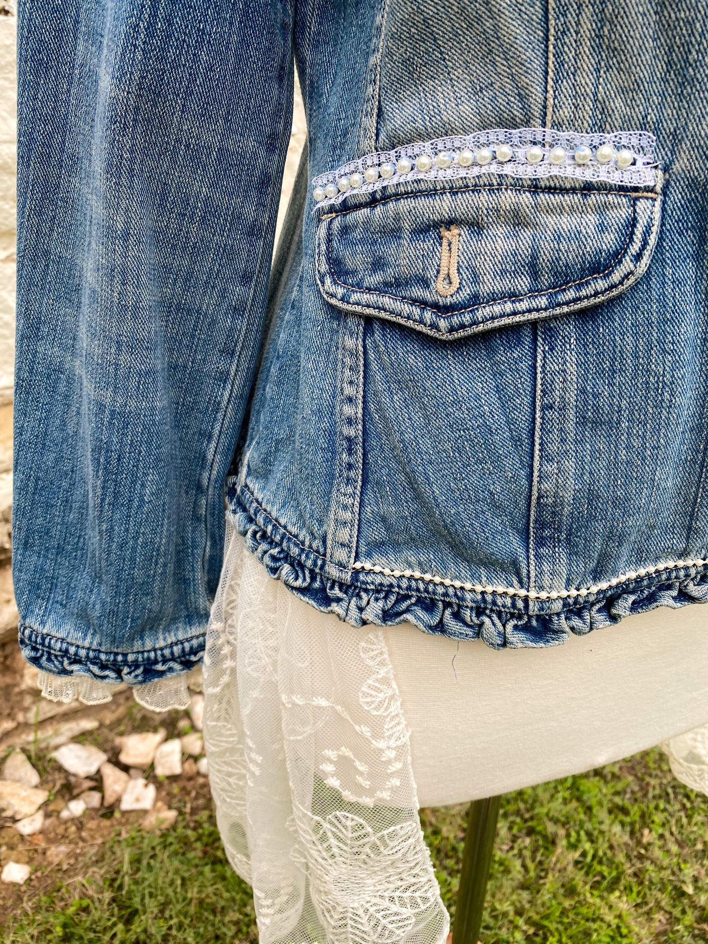 Denim and Lace Upcycled Victorian Jacket -MEDIUM