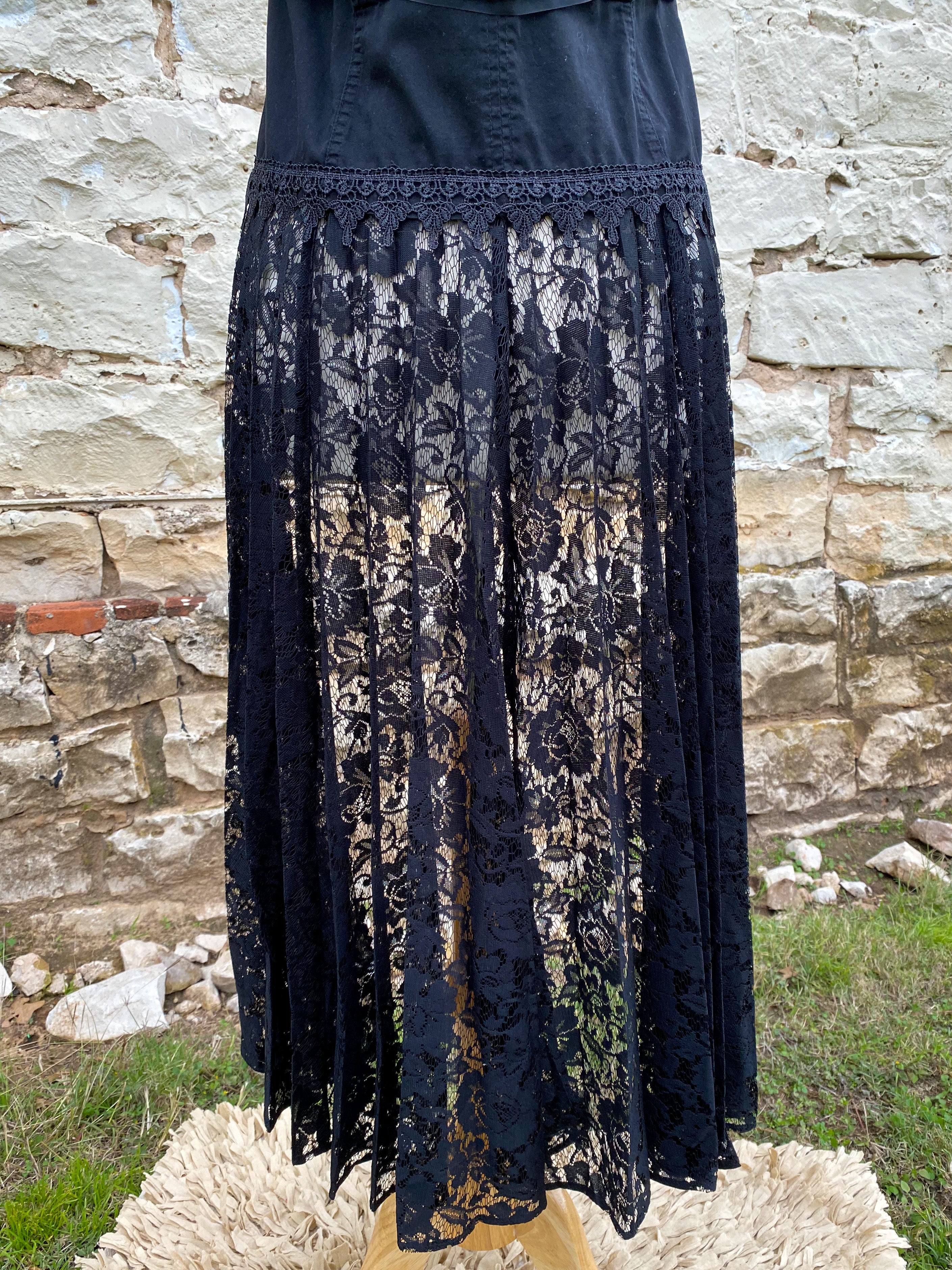 Black Vest with Crystal Collar and Long Black Lace Skirt - Medium