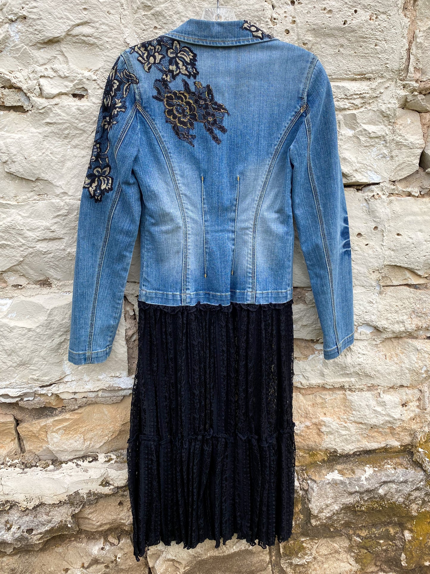 Denim Jacket with Black Lace Appliques and Long Black Lace Skirt XS