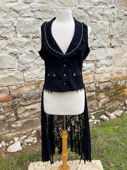 Black Vest with Crystal Collar and Long Black Lace Skirt - Medium