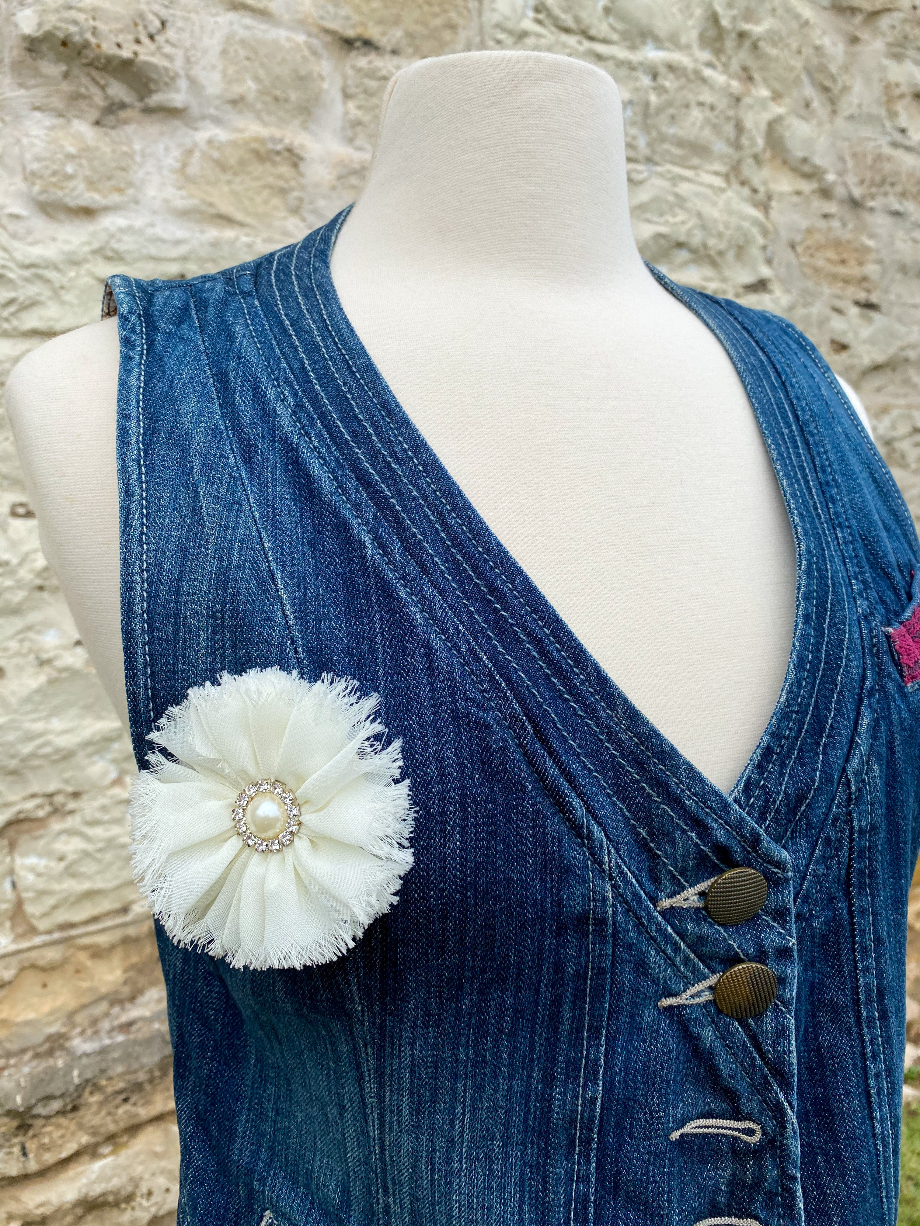 Denim Vest with White Flower - Medium