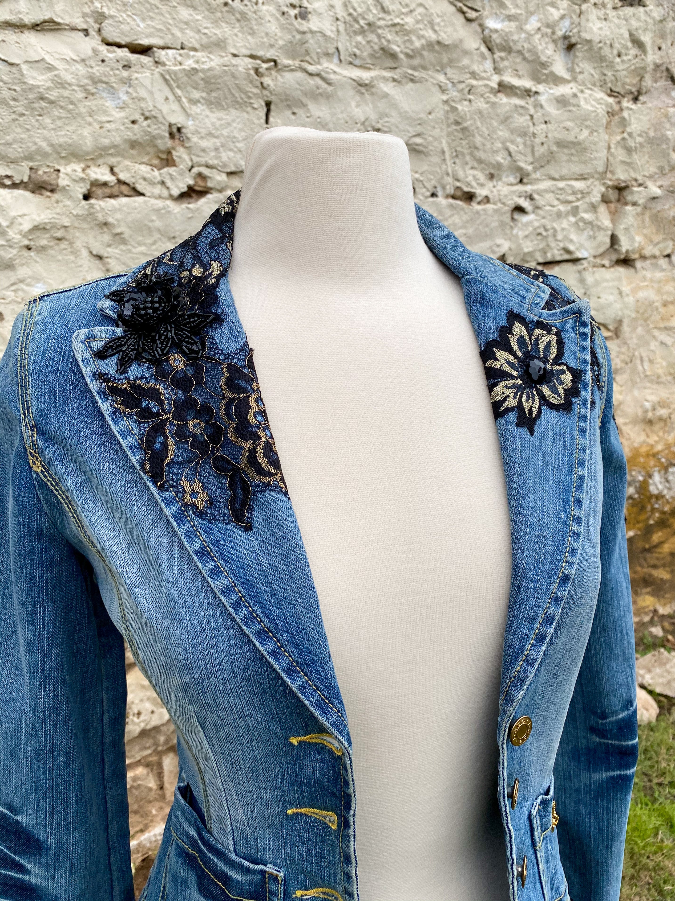 Denim Jacket with Black Lace Appliques and Long Black Lace Skirt XS