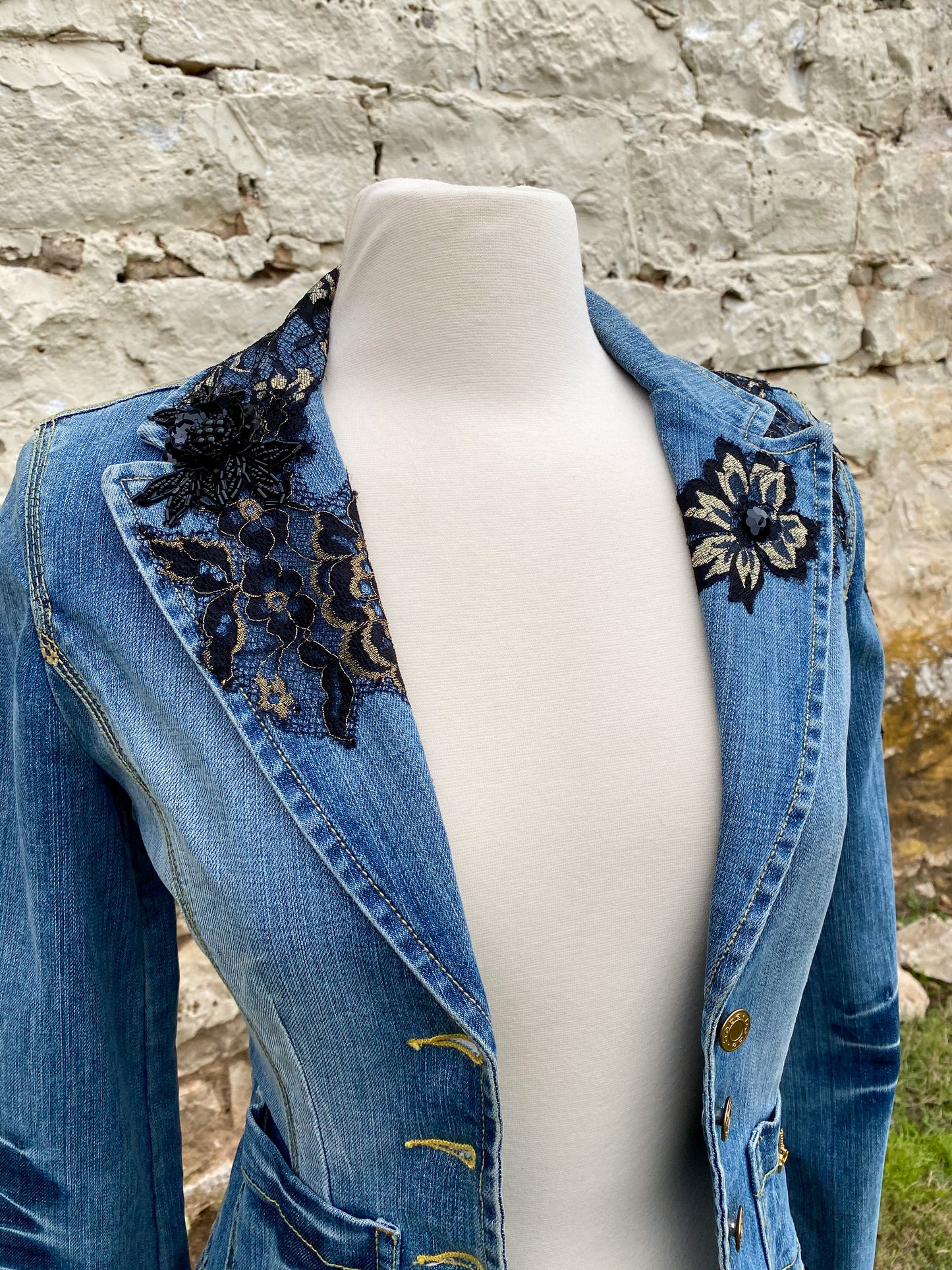 Denim Jacket with Black Lace Appliques and Long Black Lace Skirt XS