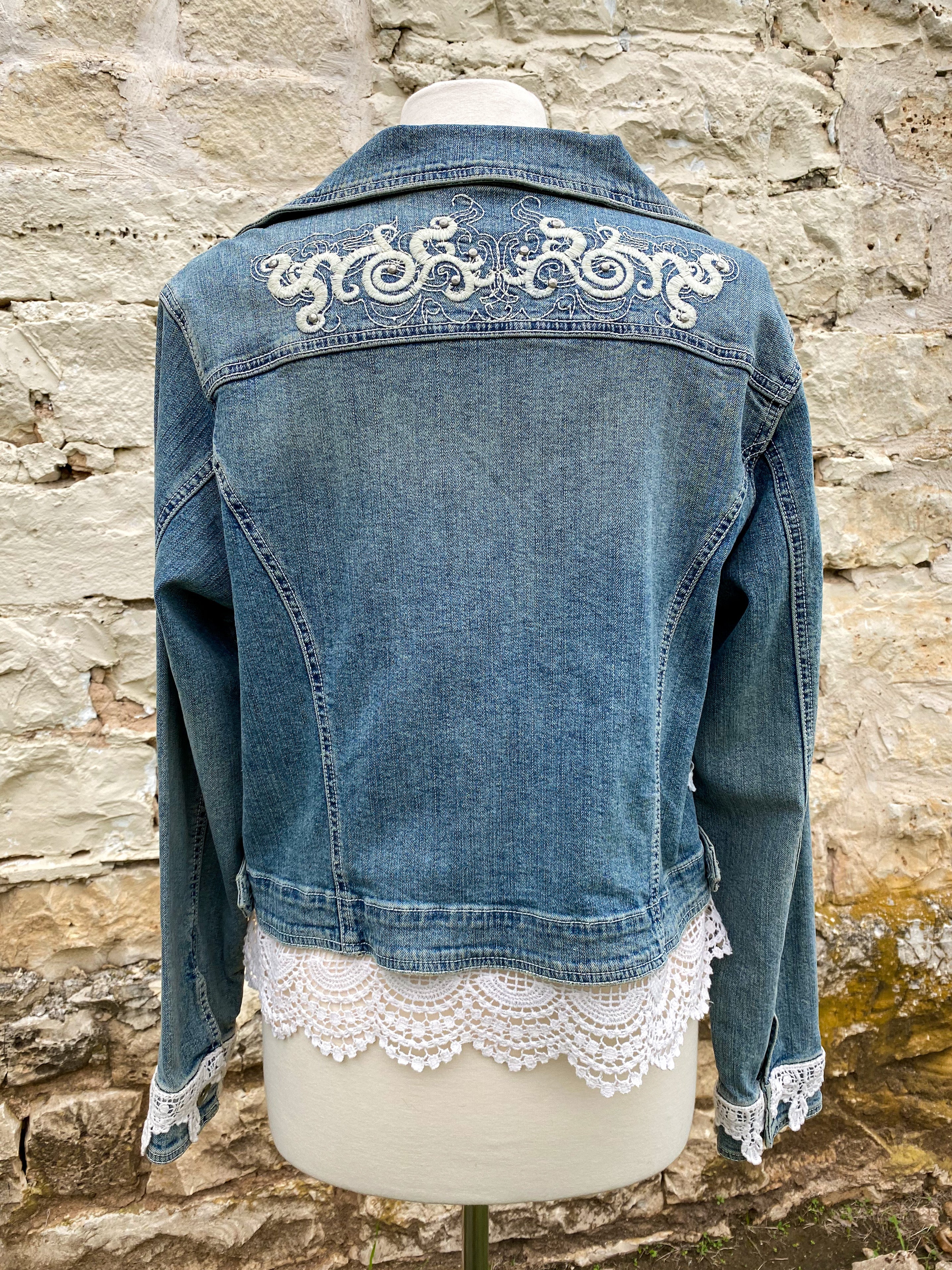 Denim and Lace Upcycled Victorian Jacket -XL