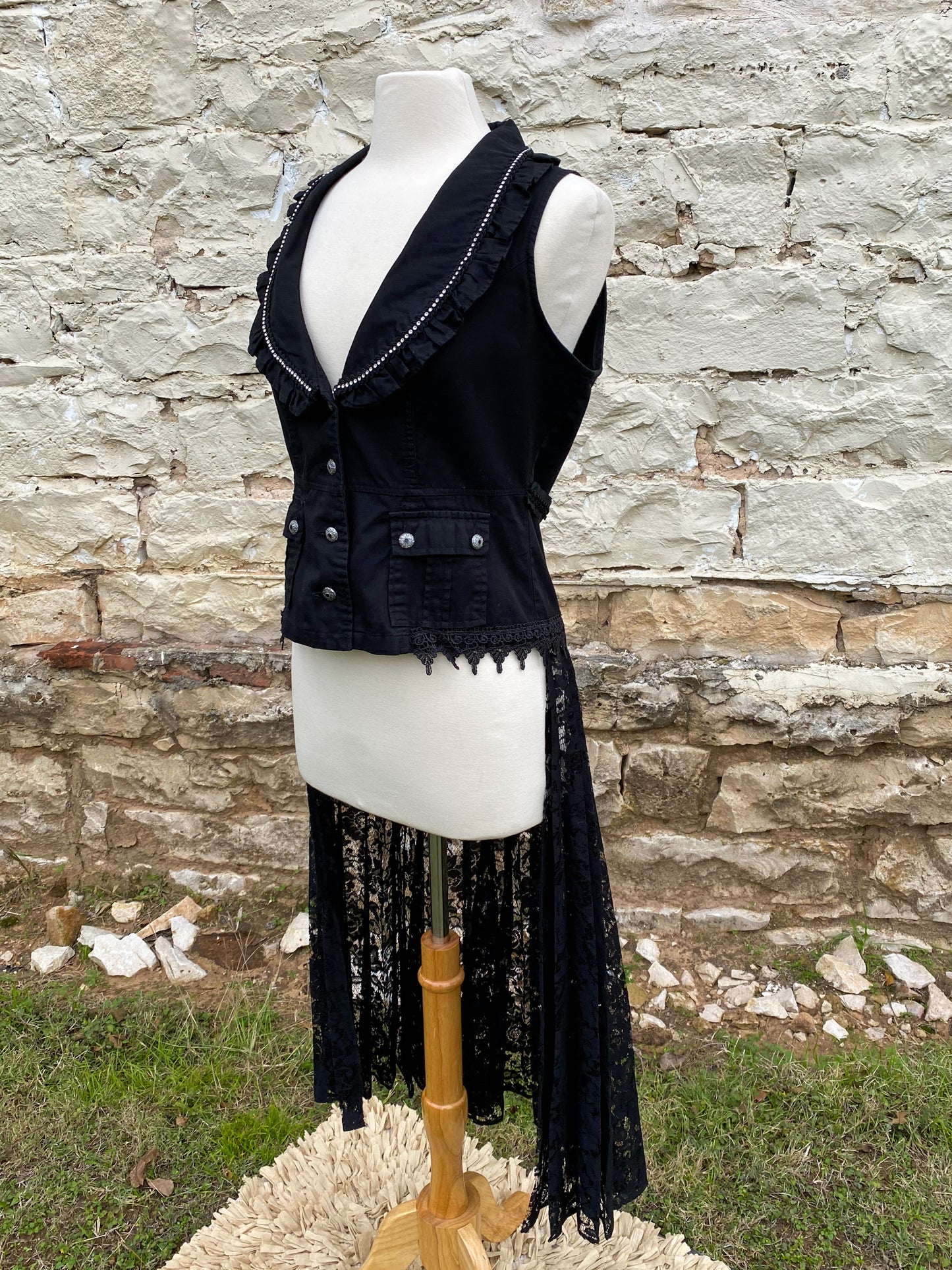 Black Vest with Crystal Collar and Long Black Lace Skirt - Medium