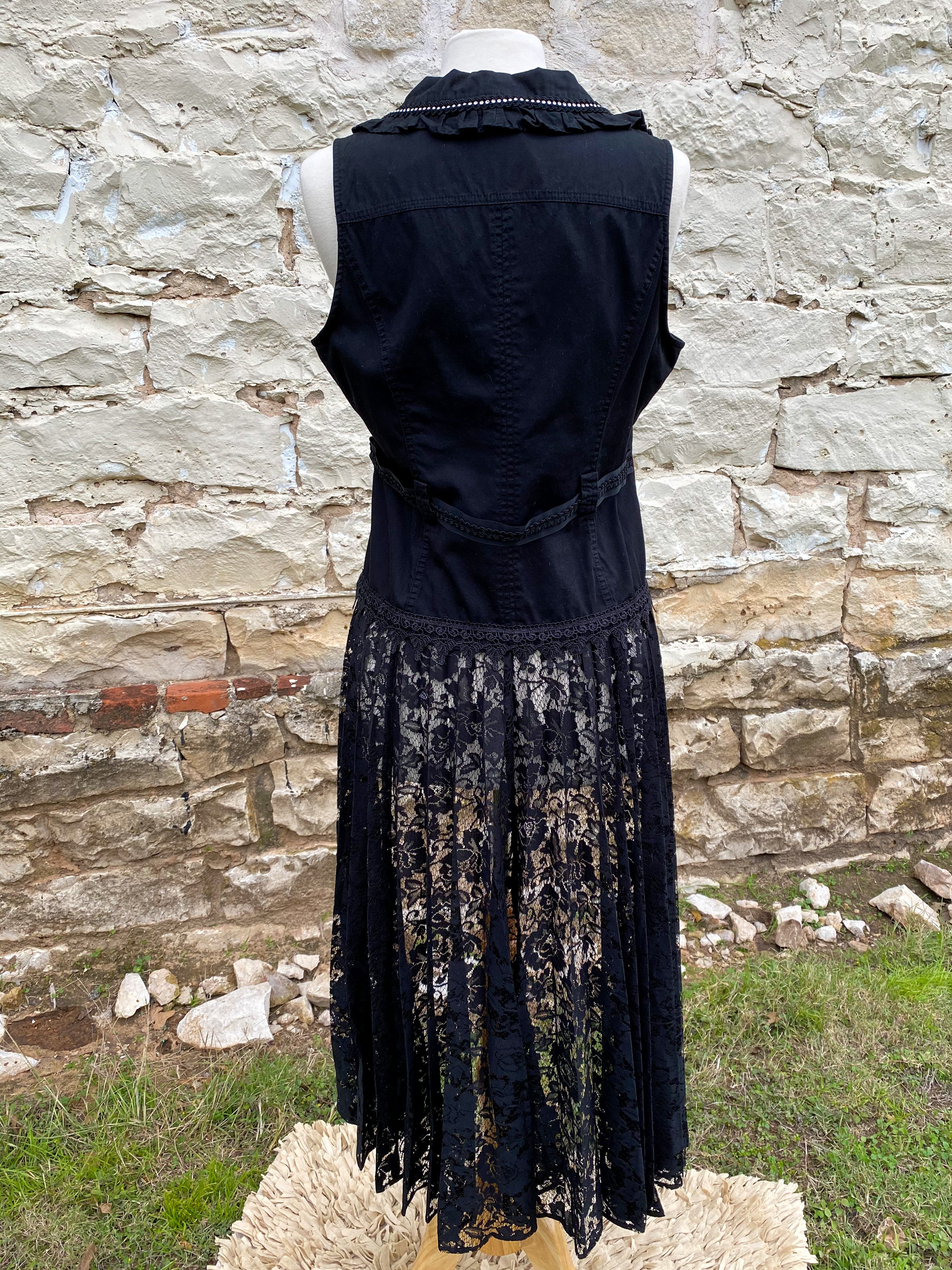 Black Vest with Crystal Collar and Long Black Lace Skirt - Medium