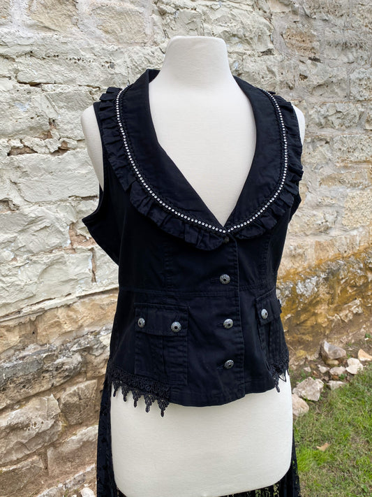 Black Vest with Crystal Collar and Long Black Lace Skirt - Medium