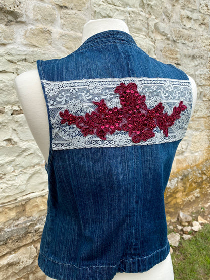 Denim Vest with White Flower - Medium